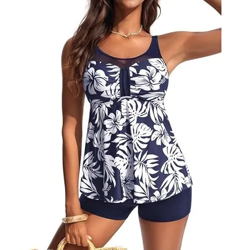 Hanna Nikole Tankini Damen Set,Bauchweg Badeanzug,Zweiteilig Bogen Tankini Oberteil Mit High Waist Badeshorts,Maschenve…