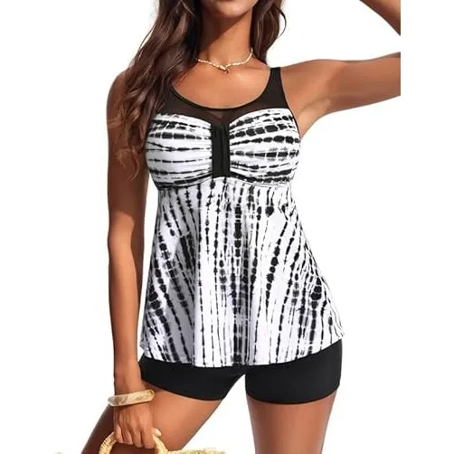 Hanna Nikole Tankini Damen Set,Bauchweg Badeanzug,Zweiteilig Bogen Tankini Oberteil Mit High Waist Badeshorts,Maschenve…