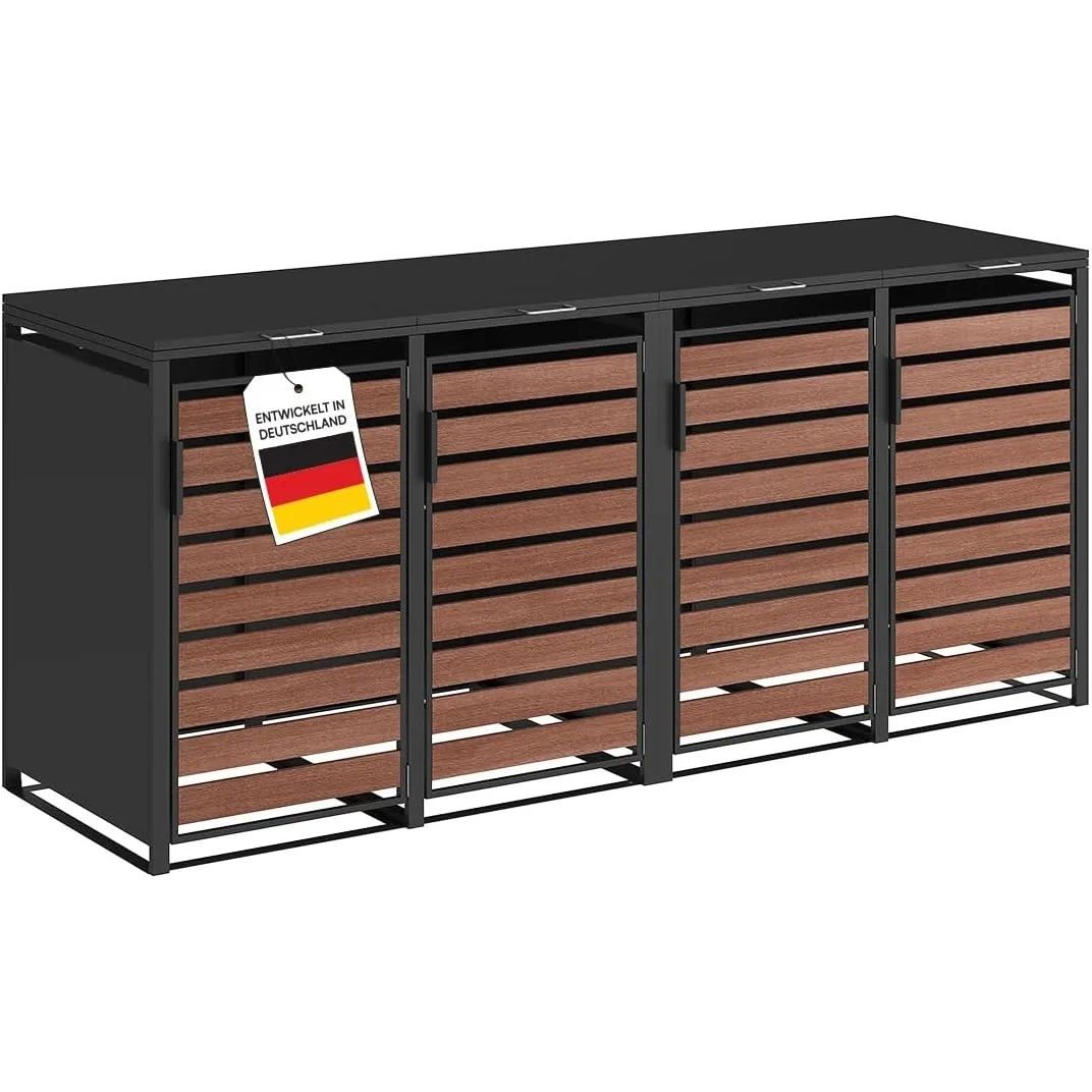 STEELSØN Kestra Mülltonnenbox 4er bis 240L, Graphitschwarz, Nussbaumoptik