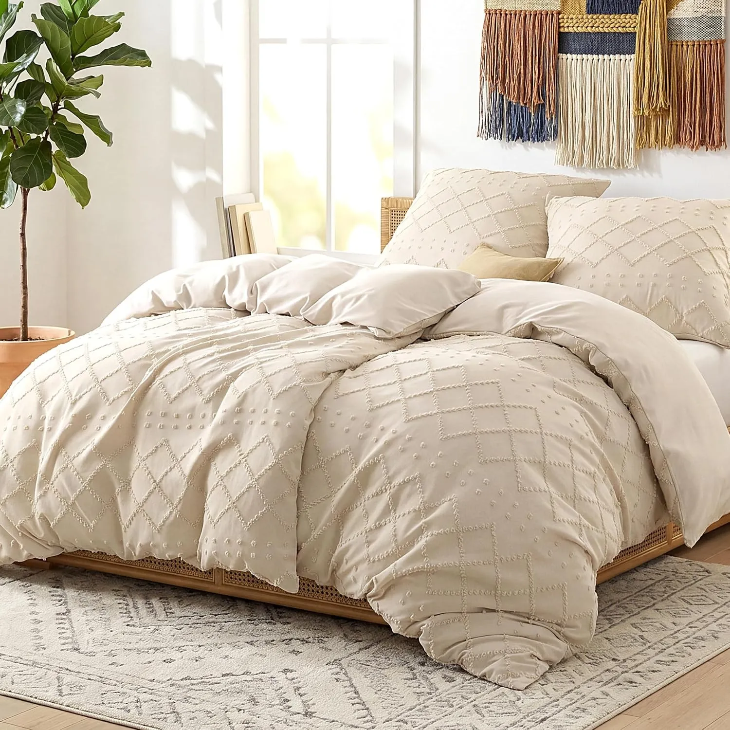 BEDSURE Beige Boho Bettwäsche 4teilig - 135x200 cm | Weiche Mikrofaser, atmungsaktiv. 8 Eckbänder, Reißverschluss. OEKO…