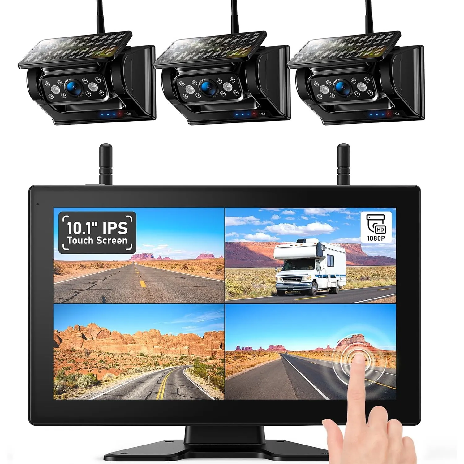10 Zoll Solar Magnetische Rückfahrkamera Kabellos, Touch Screen, 3 Kameras