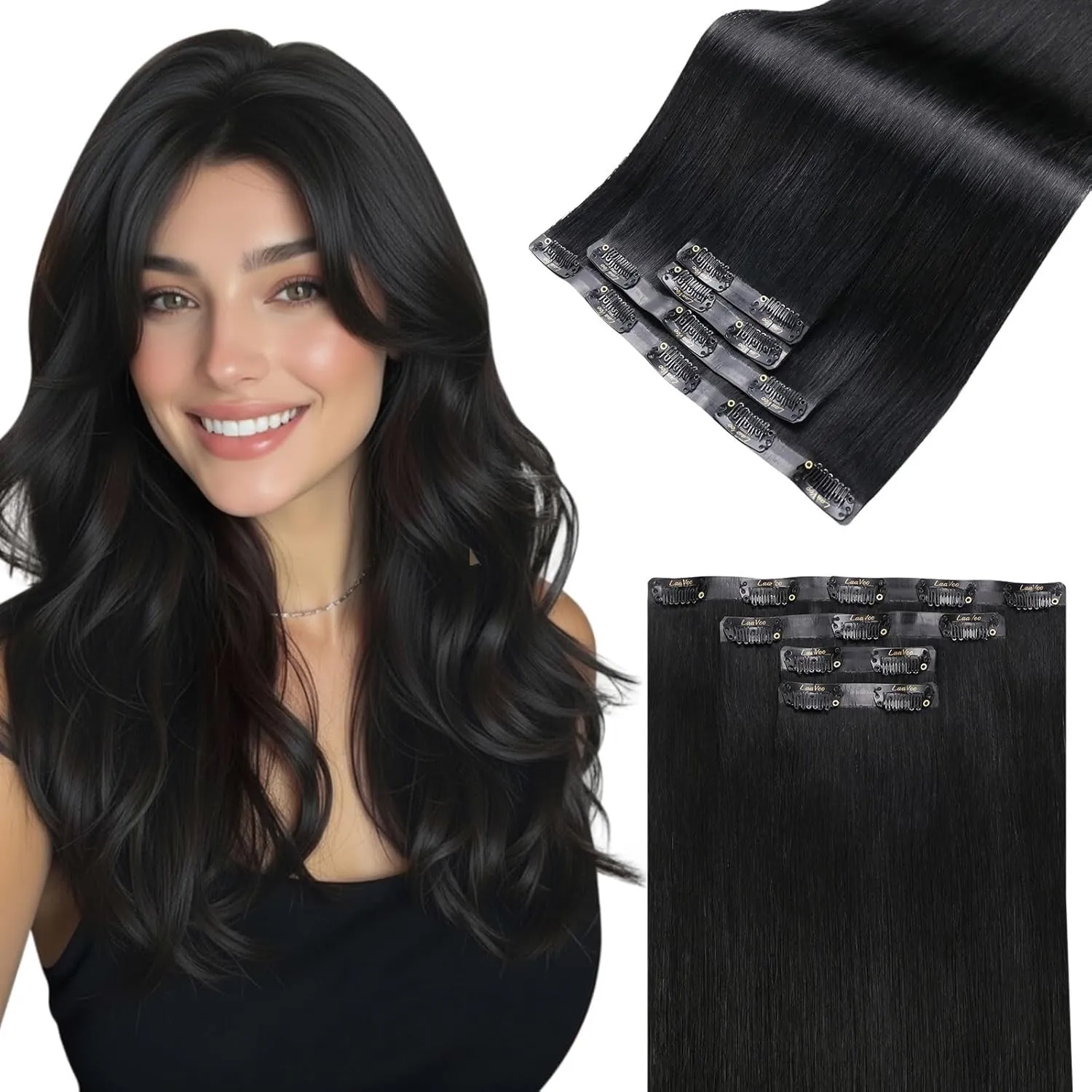 LaaVoo Invisible Clip in Extensions Echthaar Schwarz Seamless Clip in Extensions Glatt Natürliche Echthaar Extensions C…