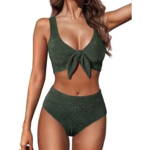 Hanna Nikole Bikini Damen Set,Badeanzug Bauchweg,Push Up Zweiteiler Bademode,Textured High Waist Bikinis,Bescheidene Sc…