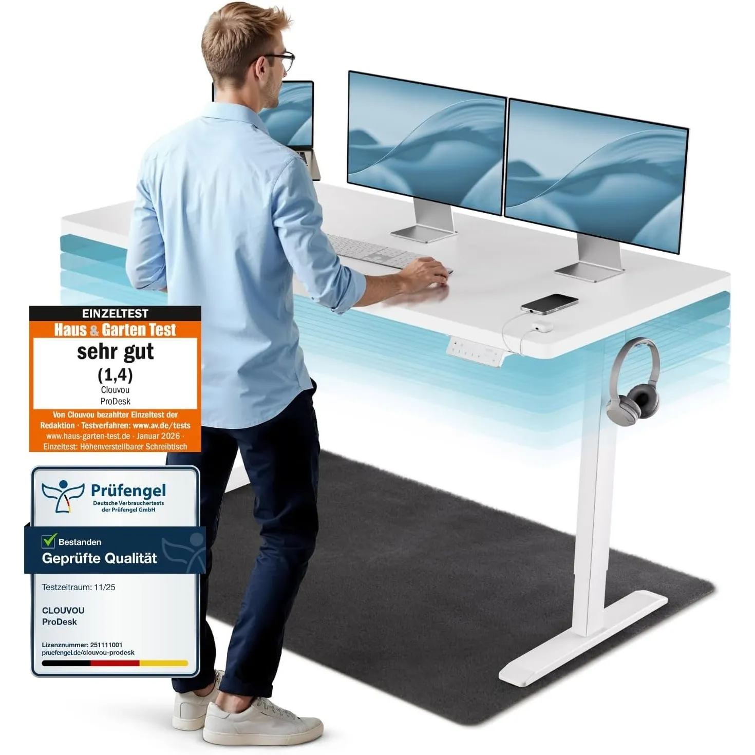 CLOUVOU ProDesk Höhenverstellbarer Schreibtisch elektrisch 160x80cm [TESTSIEGER] Dual-Motor Schreibtisch höhenverstellb…