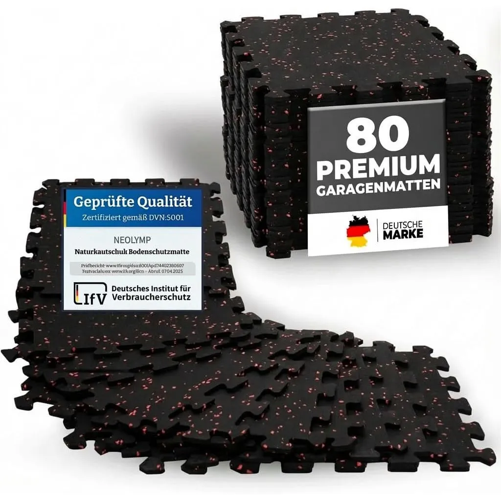 NEOLYMP Premium Garagenboden Matten - 80 robuste Kautschukmatten für Garagen Boden, Werkstattboden und Werkbank - Garag…