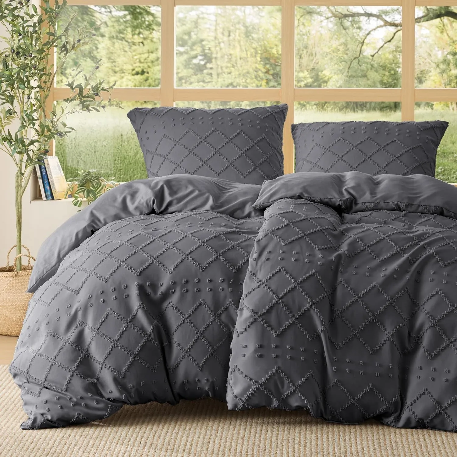 BEDSURE Anthrazit Boho Bettwäsche 4tlg - 135x200 cm | Weiche Mikrofaser, atmungsaktiv. 8 Eckbänder, Reißverschluss. OEK…