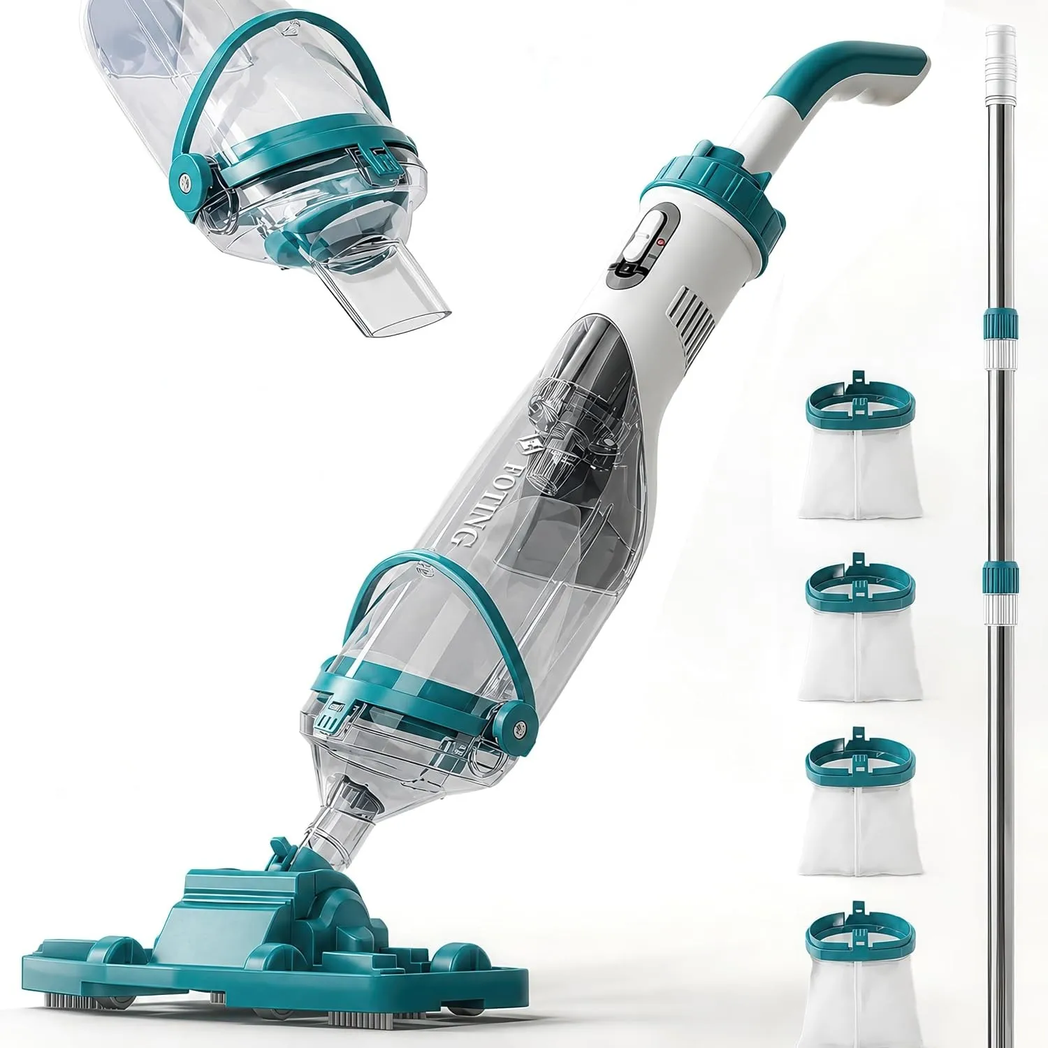 FOTING Poolsauger Akku w/LED-Display, Absaugung bis zu 4300L/H, Pool Bodensauger mit All-Angle-Saugfunktion, Betriebsda…