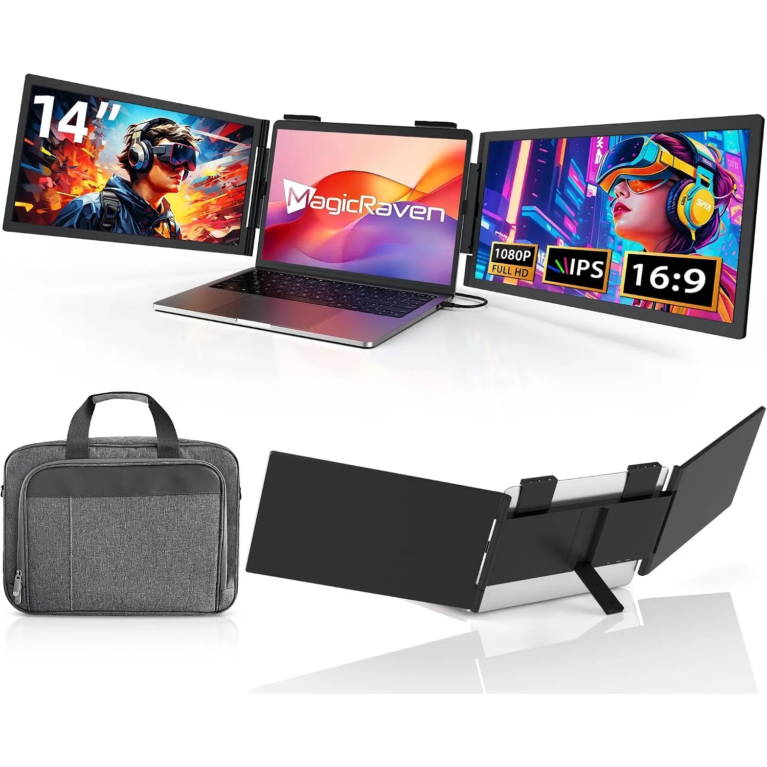MAGICRAVEN Laptop Bildschirm Erweiterung, 14 FHD 1080P Triple Portable Monitor, Tragbarer Monitor für Laptop 14"-16", U…