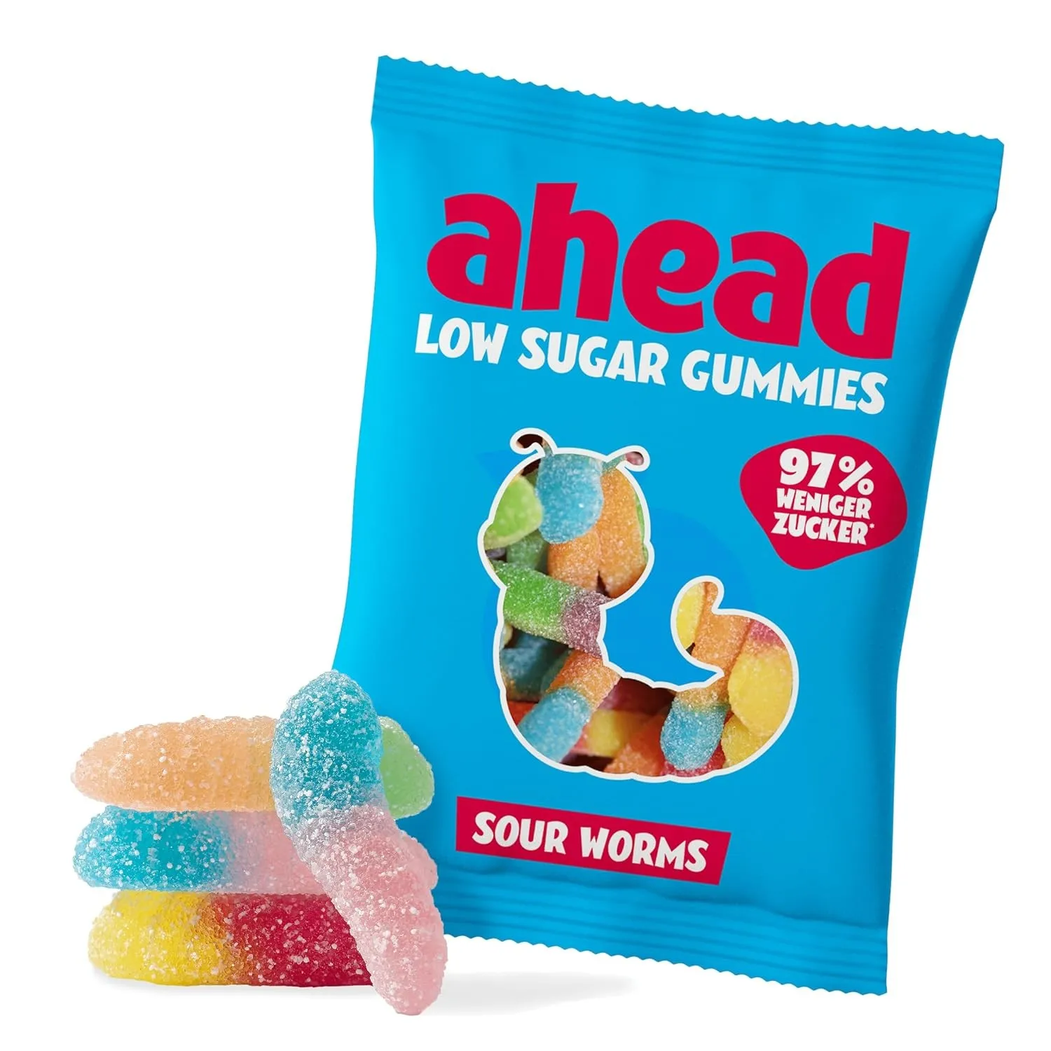 ahead Sour Worms Gummibärchen | Fruchtgummi 18 × 50 g | Gummibärchen ohne Zuckerzusatz | Nur 1 g Zucker & 78 kcal pro 5…