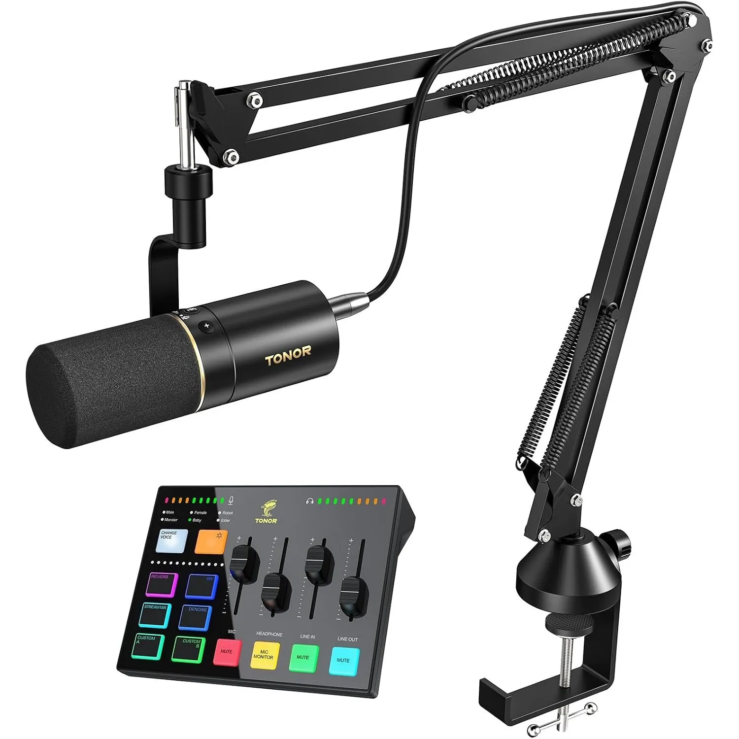 Podcast-Ausrüstungspaket, Audio-Interface und Dynamisches Mikrofon-Set mit Galgenarm, USB- Soundkarte mit RGB, XLR-Mikr…