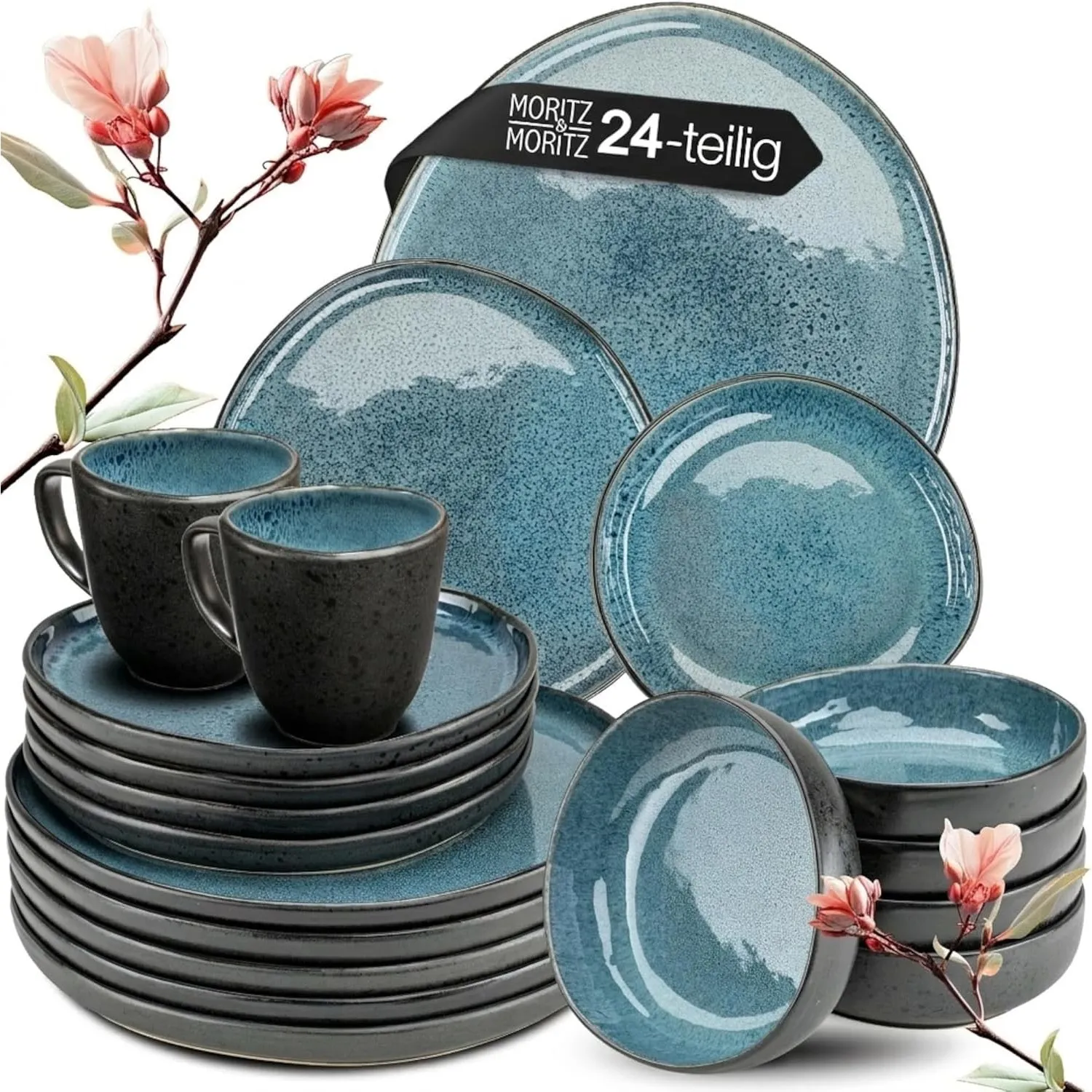 Moritz & Moritz Steingut Geschirrset 6 Personen mit Tassen - 24-teiliges Geschirr Set - Teller Set bestehend aus 6x Din…