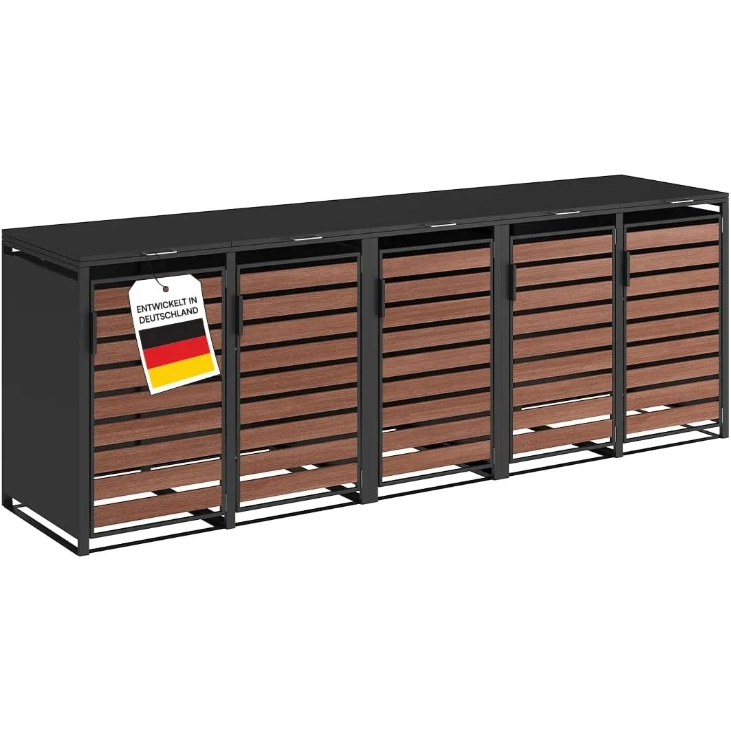 STEELSØN Kestra Mülltonnenbox 5er bis 240L, Graphitschwarz, Nussbaumoptik