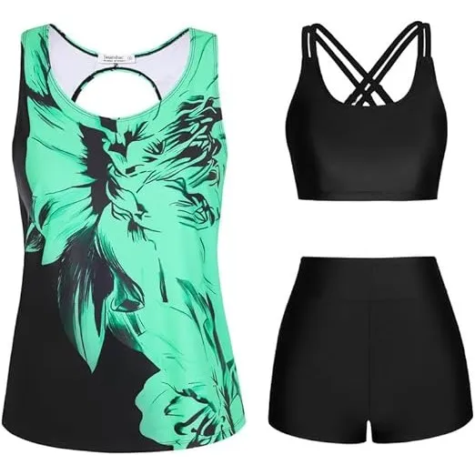 JASAMBAC 3-teiliger Tankini Damen Bauchweg, Push-up-Bikinioberteil und High Waist Badeshorts, einfache Badebekleidung, …
