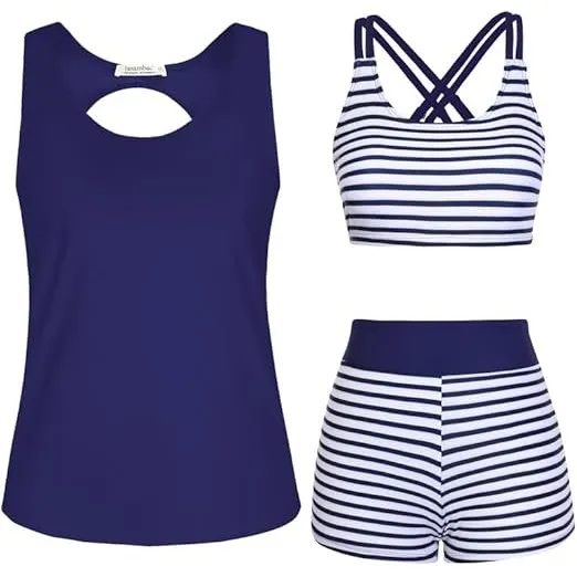 JASAMBAC 3-teiliger Tankini Damen Bauchweg, Push-up-Bikinioberteil und High Waist Badeshorts, einfache Badebekleidung, …