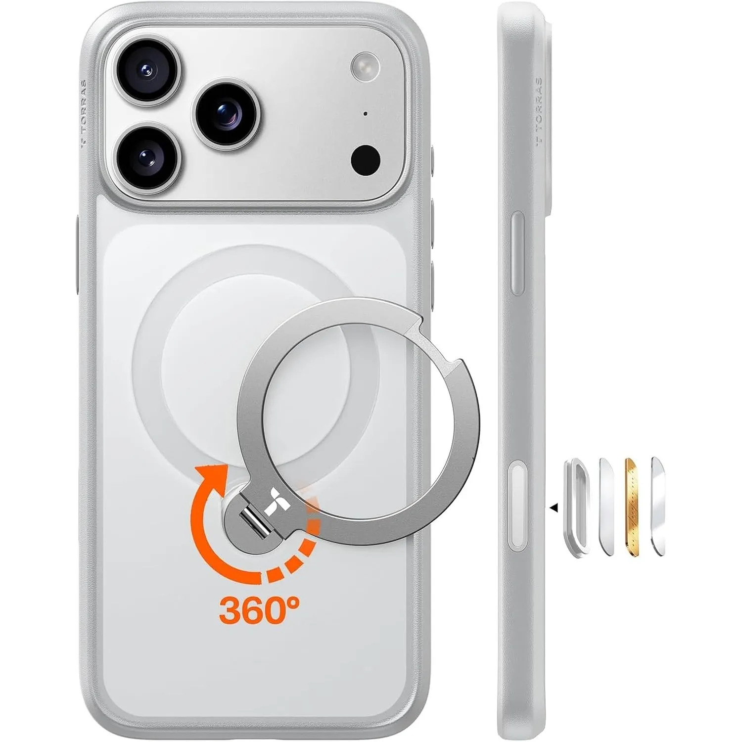 TORRAS Q3 Spin für iPhone 17 Pro Max Hülle 360°für MagSafe Stand Silbergrau | 360°Standring,18N für MagSafe,3,66 m Mili…