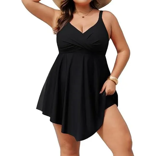 Hanna Nikole Badeanzug Damen Große Größen Bauchweg Badekleid Push Up Bademode Einteiler Strandkleid Crossover Badebekle…