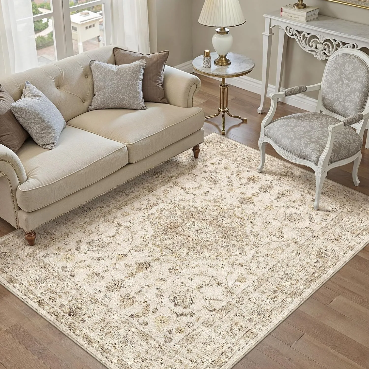 PureCozy Beige Teppich Wohnzimmer 120x170cm Waschbarer Vintage Tepiche