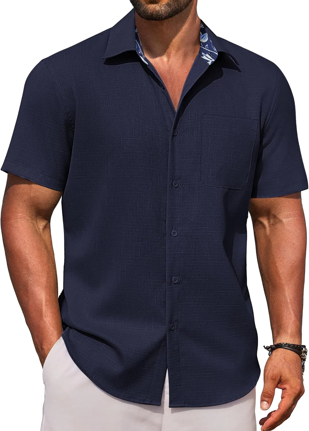 COOFANDY Herren Hemd Kurzarm Sommer Hemden Kurzes Leichtes Freizeithemd mit Brusttasche Männer Urlaub Shirts