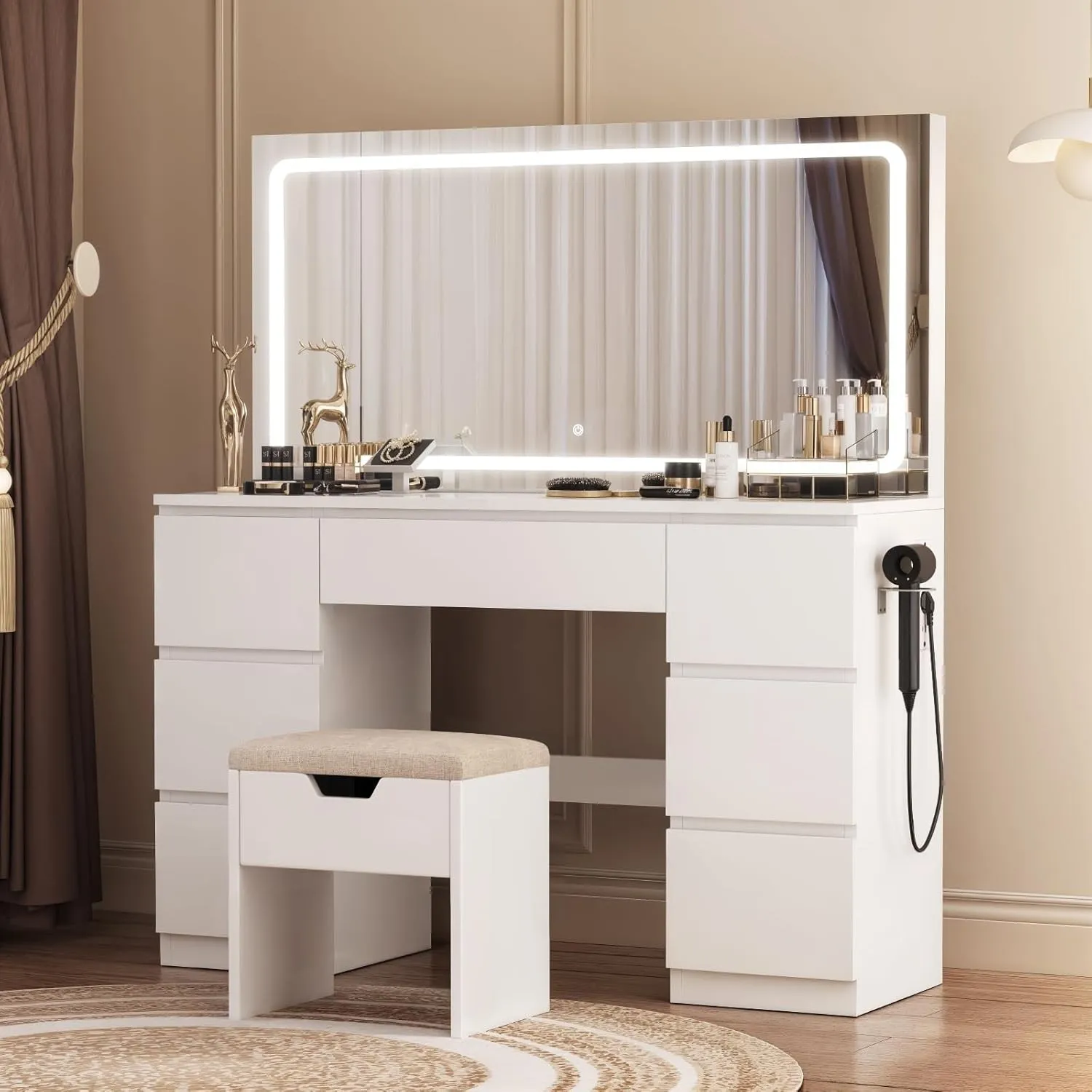 TRIUMPHKEY Schminktisch Groß mit Spiegel und LED Beleuchtung 115cm,Farbtemperatur Einstellbar, 7 Schubladen Schminktisc…