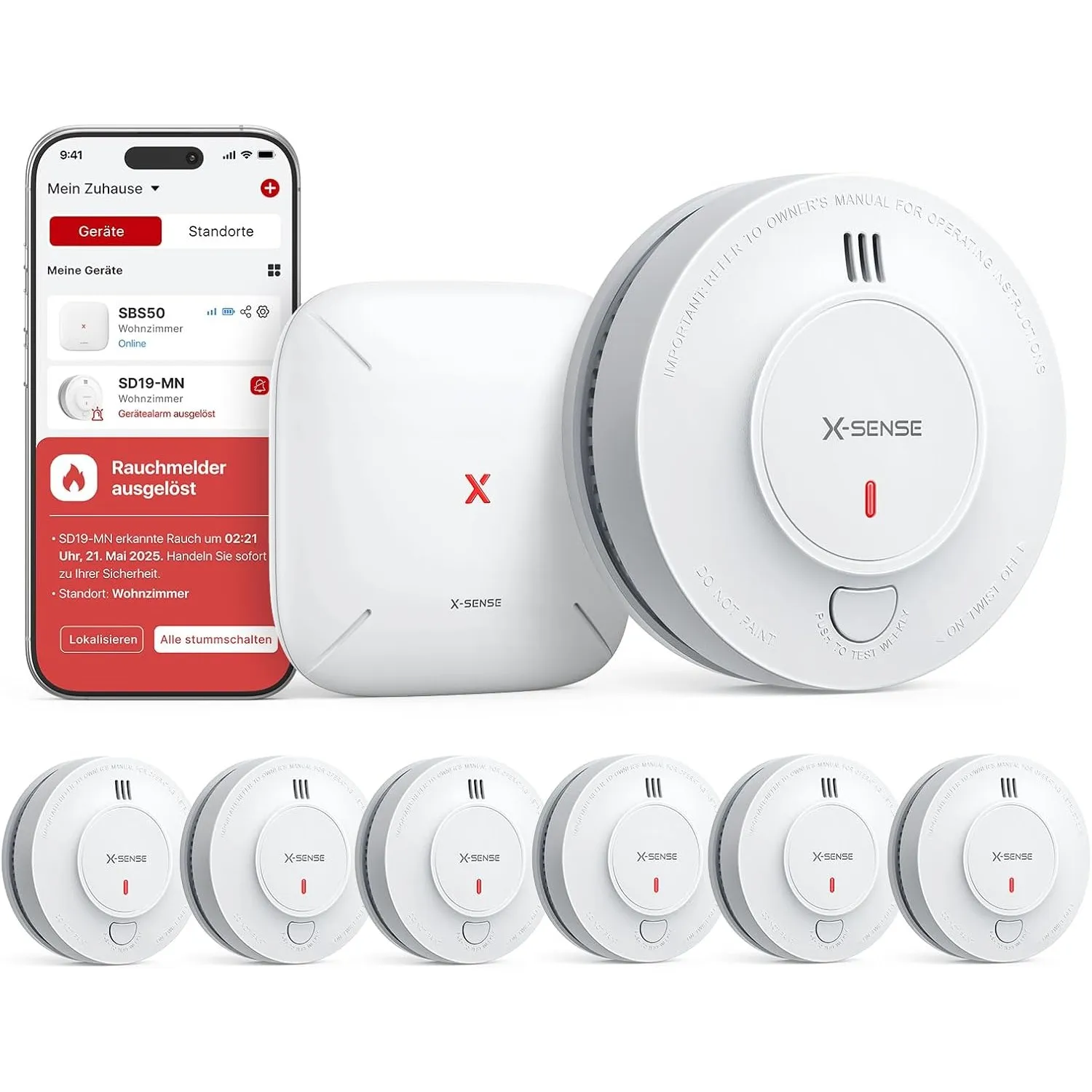 X-Sense Smart Rauchmelder mit SBS50-Basisstation, SD19-MN61, 6 Stück