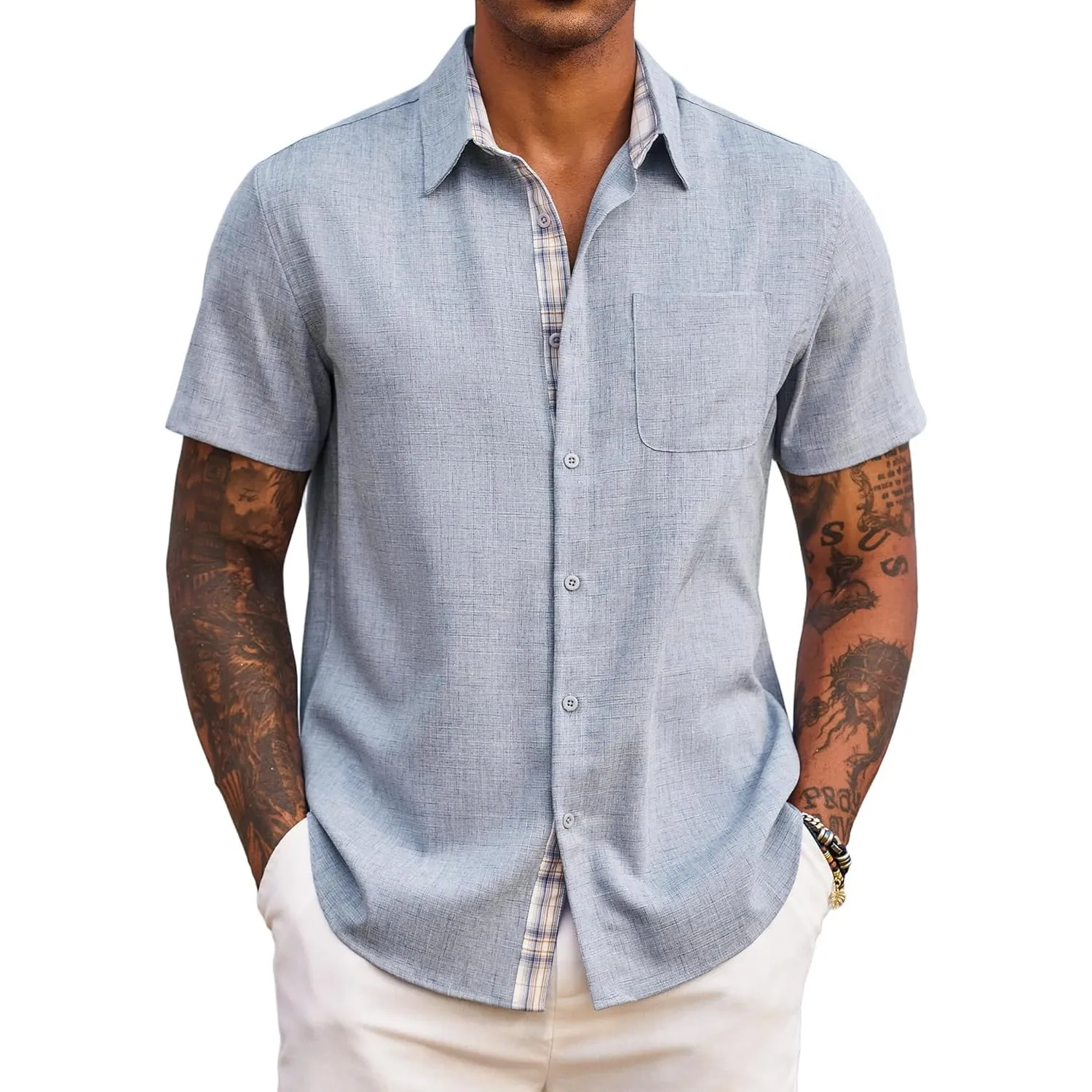 COOFANDY Herren Hemd Kurzarm Sommer Freizeithemd Regular Fit Casual Strand Hemd mit Karierte Hemdleiste