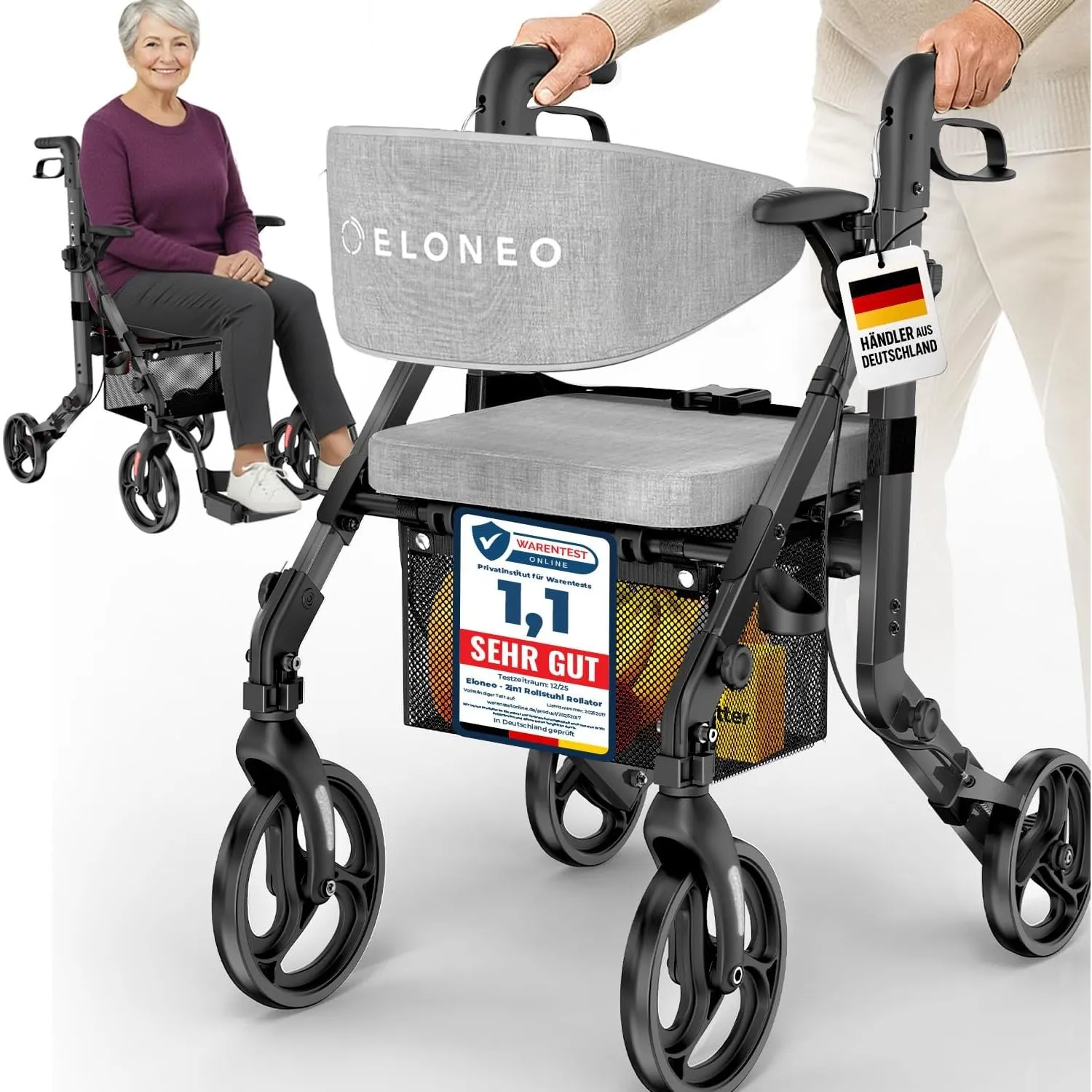 ELONEO 2 in 1 Rollstuhl Rollator faltbar und leicht mit Sitz, Outdoor Rollator Rollstuhl faltbar leicht für alle Geländ…