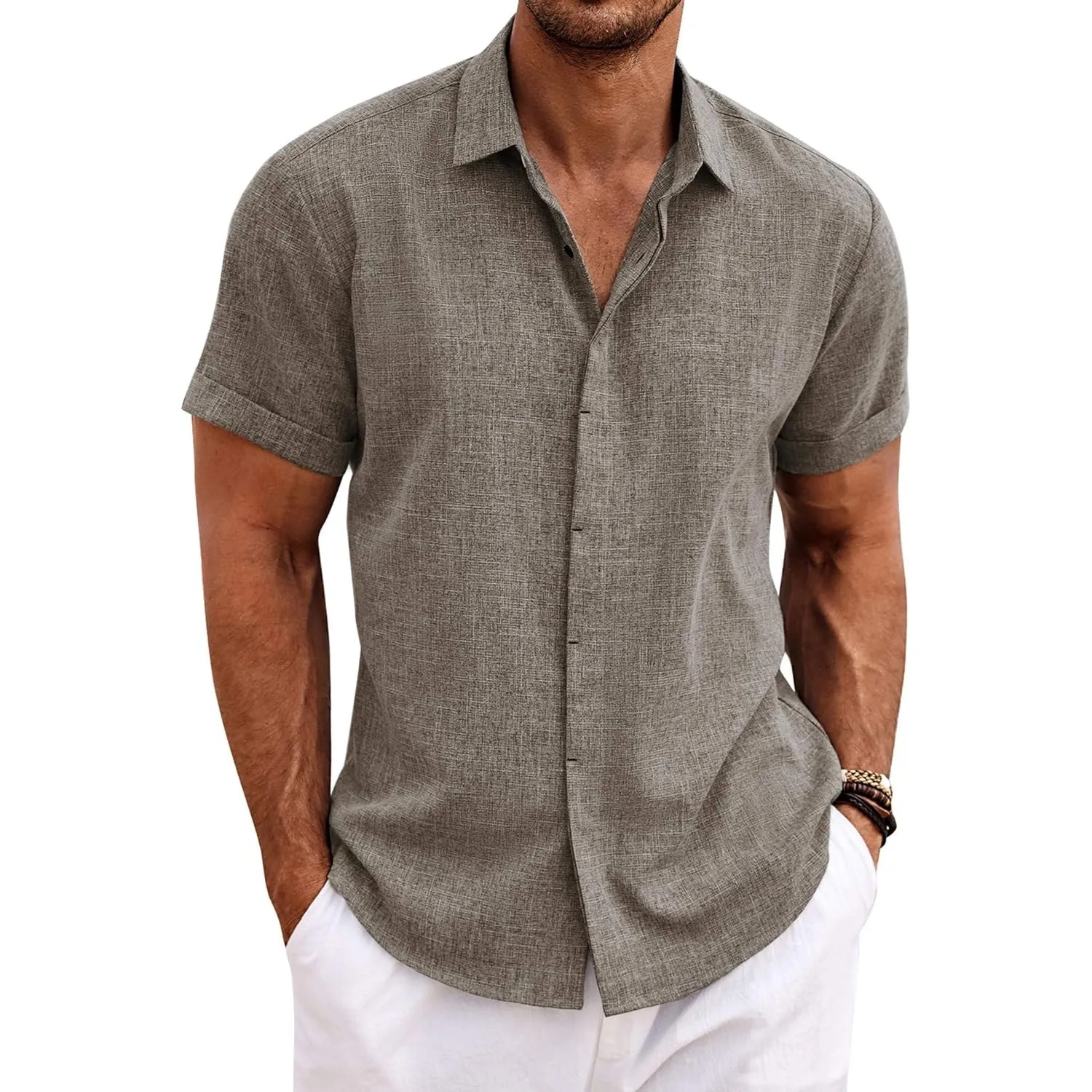 COOFANDY Leinenhemd Herren Kurzarm Hemd Button Down Regular Fit Freizeithemden Sommer Strand Leinen Shirt