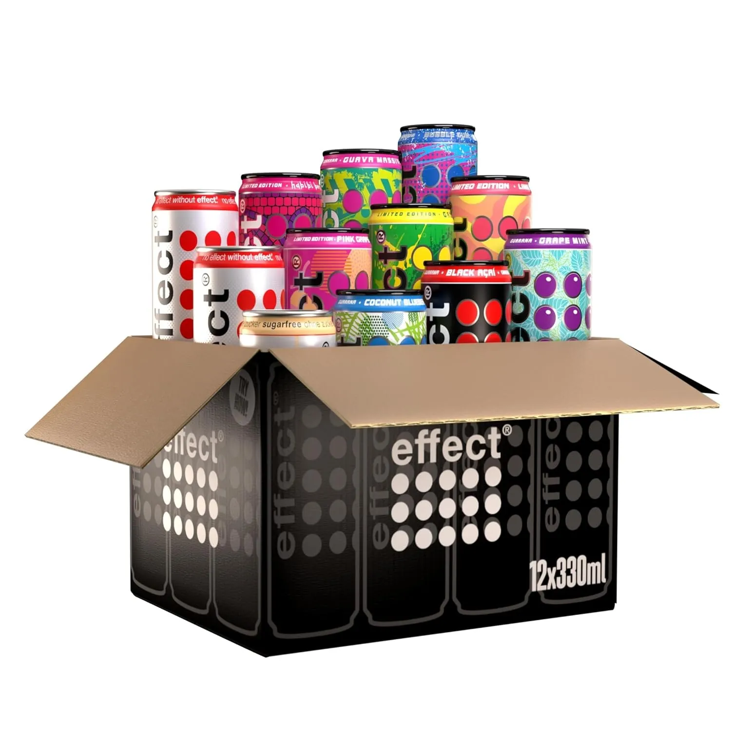 effect Probierpaket Energy Drink – 12 x 330 ml Dosen Einweg – alle Sorten in einer Box – koffeinhaltiges Erfrischungsge…