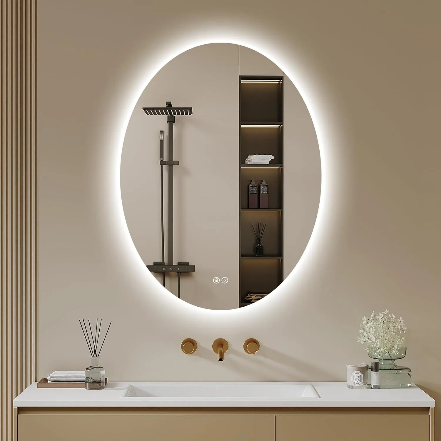 Badspiegel-mit-Beleuchtung- LED Badezimmerspiegel Badezimmer Spiegel mit Beleuchtung, Touch-Schalter, Dimmbar, 3 Lichtf…