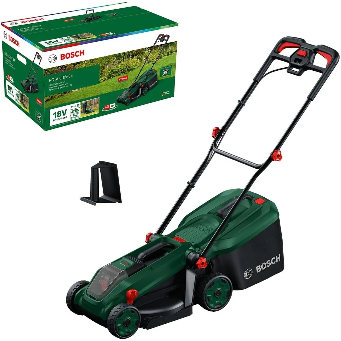 Bosch Akku-Rasenmäher ROTAK18V-34 (Schnittbreite: 34 cm, Schnitthöhe: 25-65 mm, 35 l Stoff-Grasfangkorb, Mulchstopfen, …