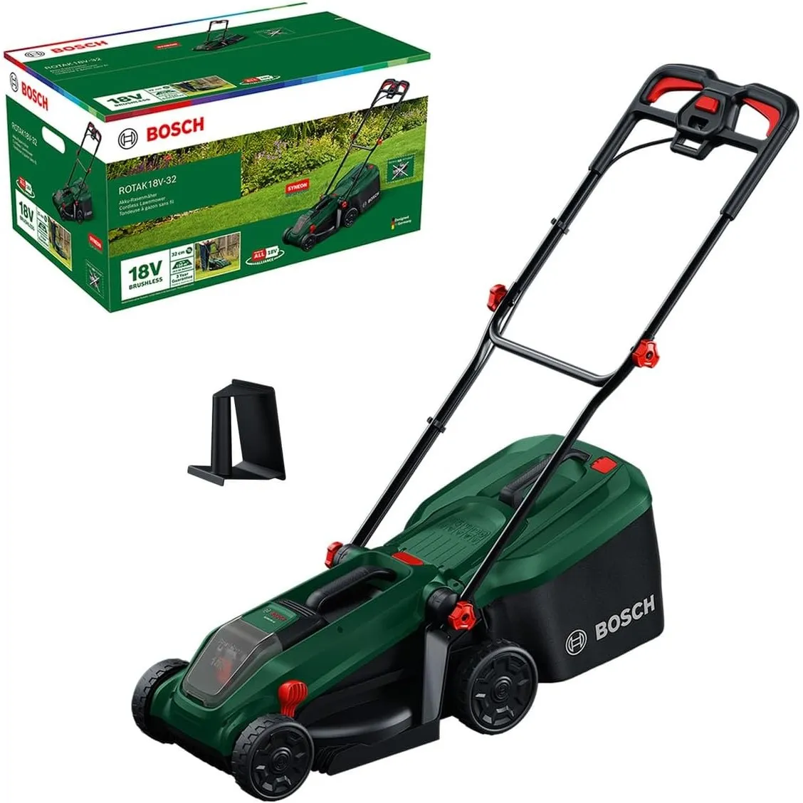 Bosch Akku-Rasenmäher ROTAK18V-32 (Schnittbreite: 32 cm, Schnitthöhe: 25-65 mm, 35 l Stoff-Grasfangkorb, Mulchstopfen, …