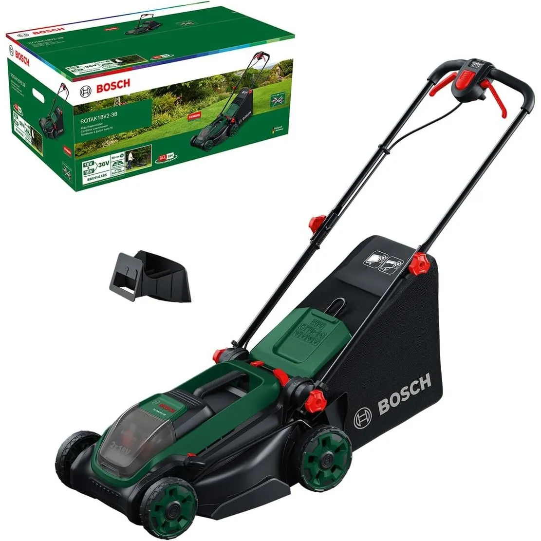 Bosch Akku-Rasenmäher ROTAK18V2-38 (Schnittbreite: 38 cm, Schnitthöhe: 30-75 mm, 40 l Stoff-Grasfangkorb, Mulchstopfen,…