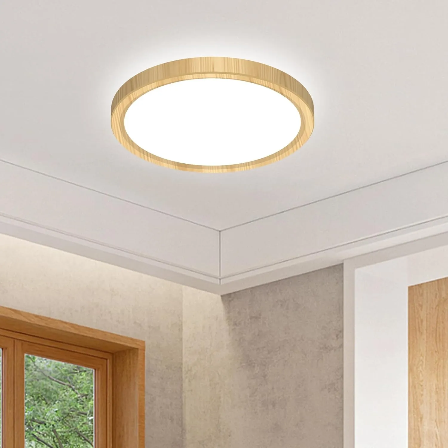slochi LED Deckenleuchte, 3 Farben Deckenlampe 3000K/4000K/6500K, Rund Flach Holz Badezimmer Lampe Decke IP44 Wasserfes…