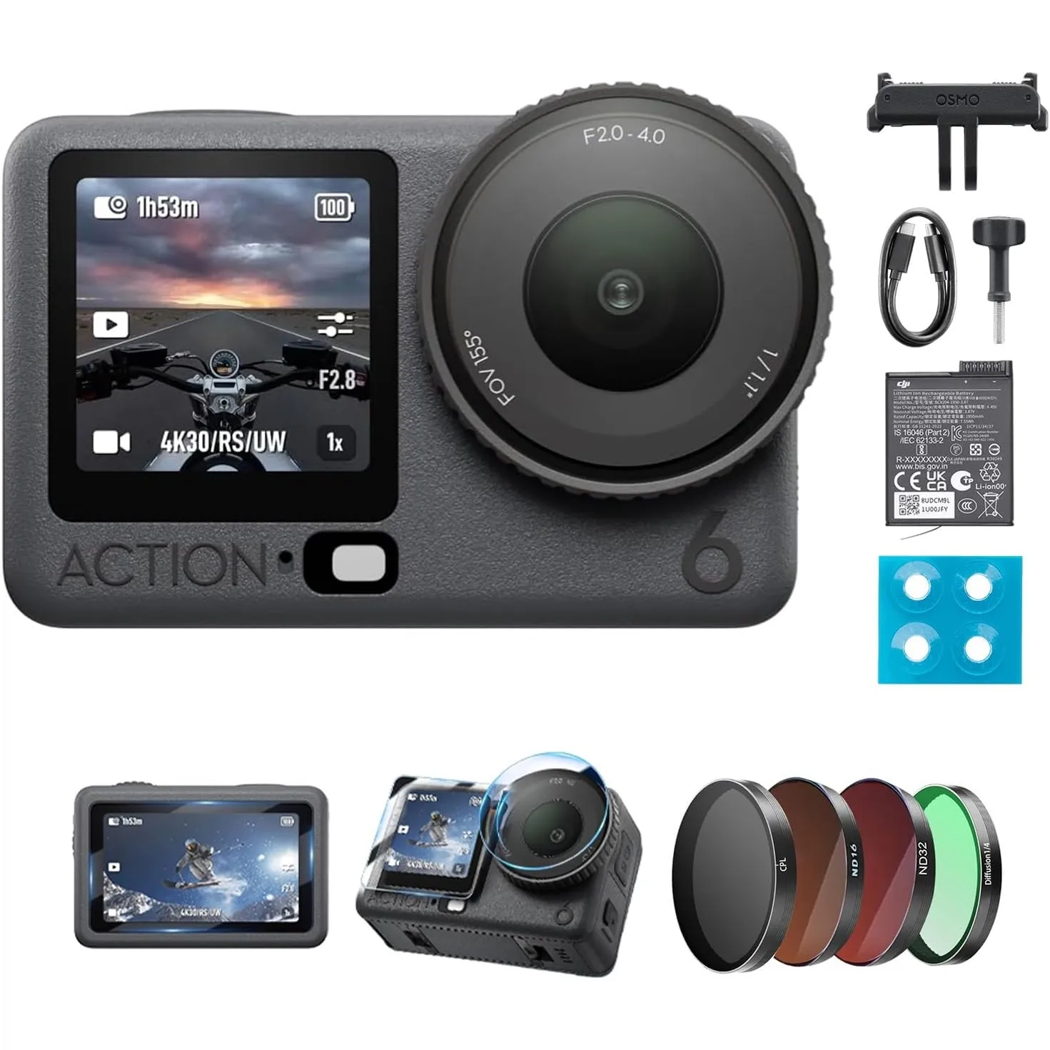 DJI Osmo Action 6 Erweiterte Combo, Action-Cam 4K mit 1/1,1″-Quadratsensor, Variable Blende von f/2,0-f/4,0, längere Ak…