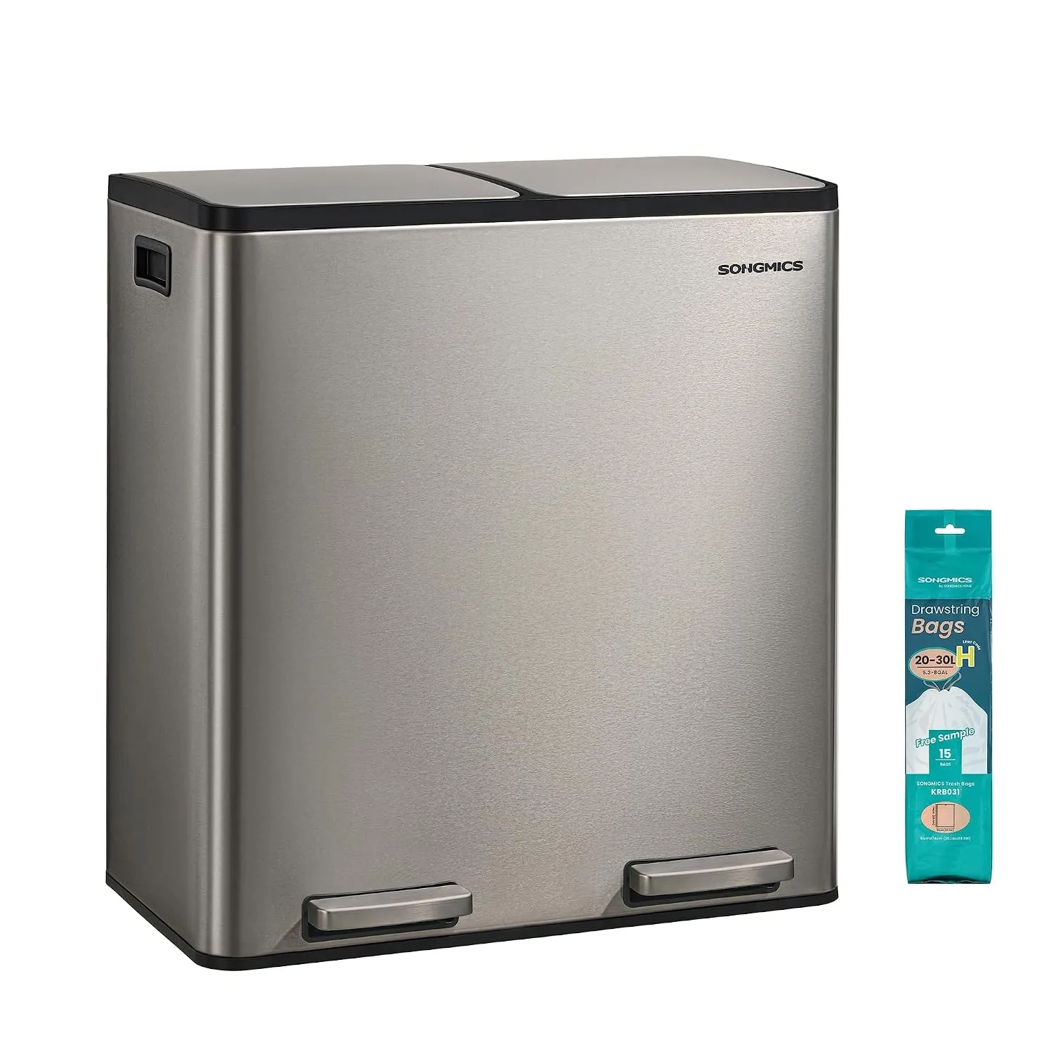 SONGMICS Mülleimer Küche, 2 x 30 L, 2 Fächer, Edelstahl, Softclose-Deckel