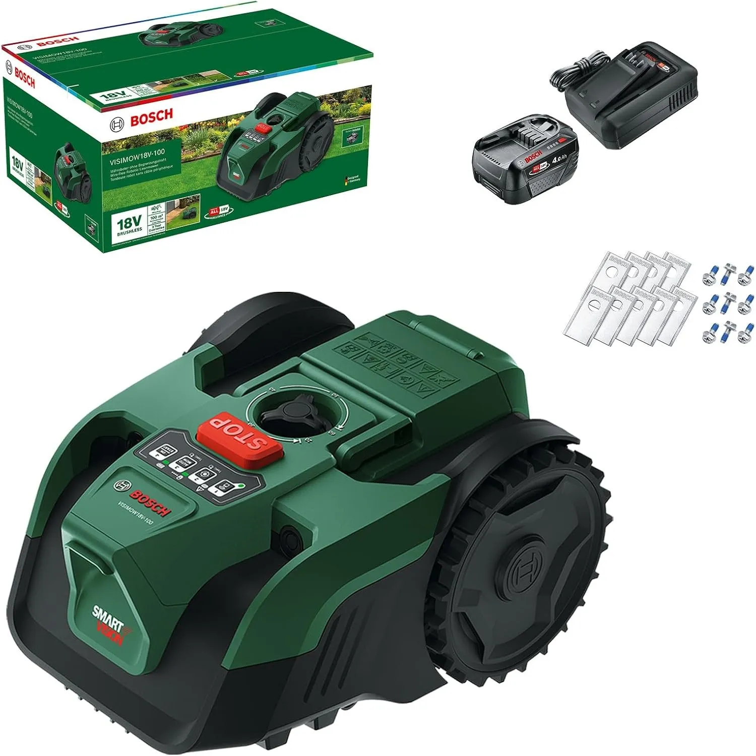 Bosch Akku-Mähroboter VISIMOW18V-100 (für Rasenflächen bis 100 m², Schnittbreite: 16 cm, Schnitthöhe: 20-60 mm, mit Ers…