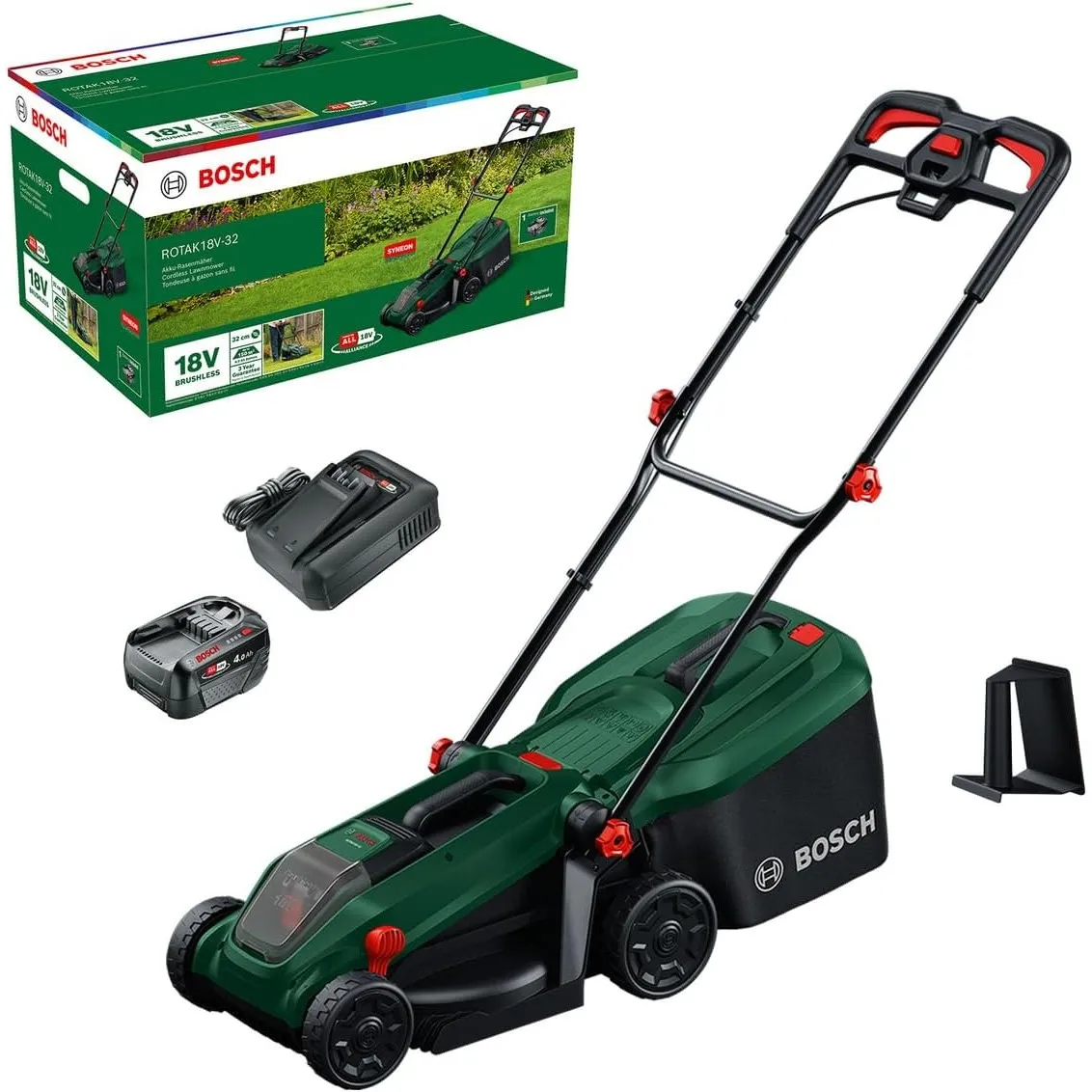 Bosch Akku-Rasenmäher ROTAK18V-32 (Schnittbreite: 32 cm, Schnitthöhe: 25-65 mm, 35 l Stoff-Grasfangkorb, Mulchstopfen, …
