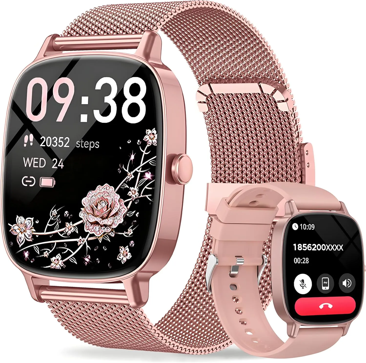Smartwatch Damen (2 Armbändern)mit Telefonfunktion, 1.85" HD Uhren mit Herzfrequenz SpO2 Schlafmonitor Schrittzähler, 1…
