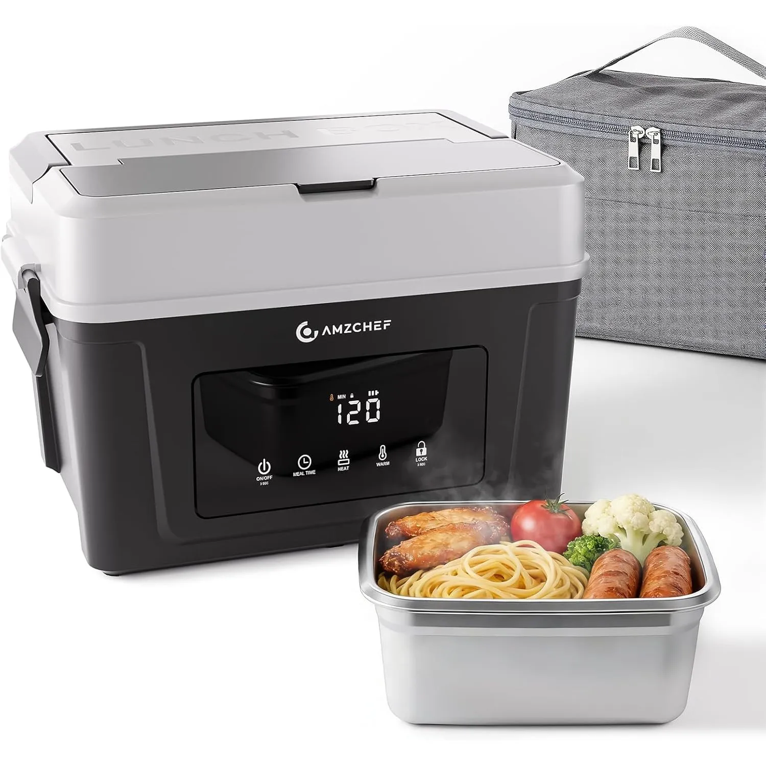 AMZCHEF Elektrische Lunchbox mit 18000 mAh Akku - Tragbare 1.5L Beheizbare Lunchbox mit 5-seitiger Erwärmung, Zeitfunkt…