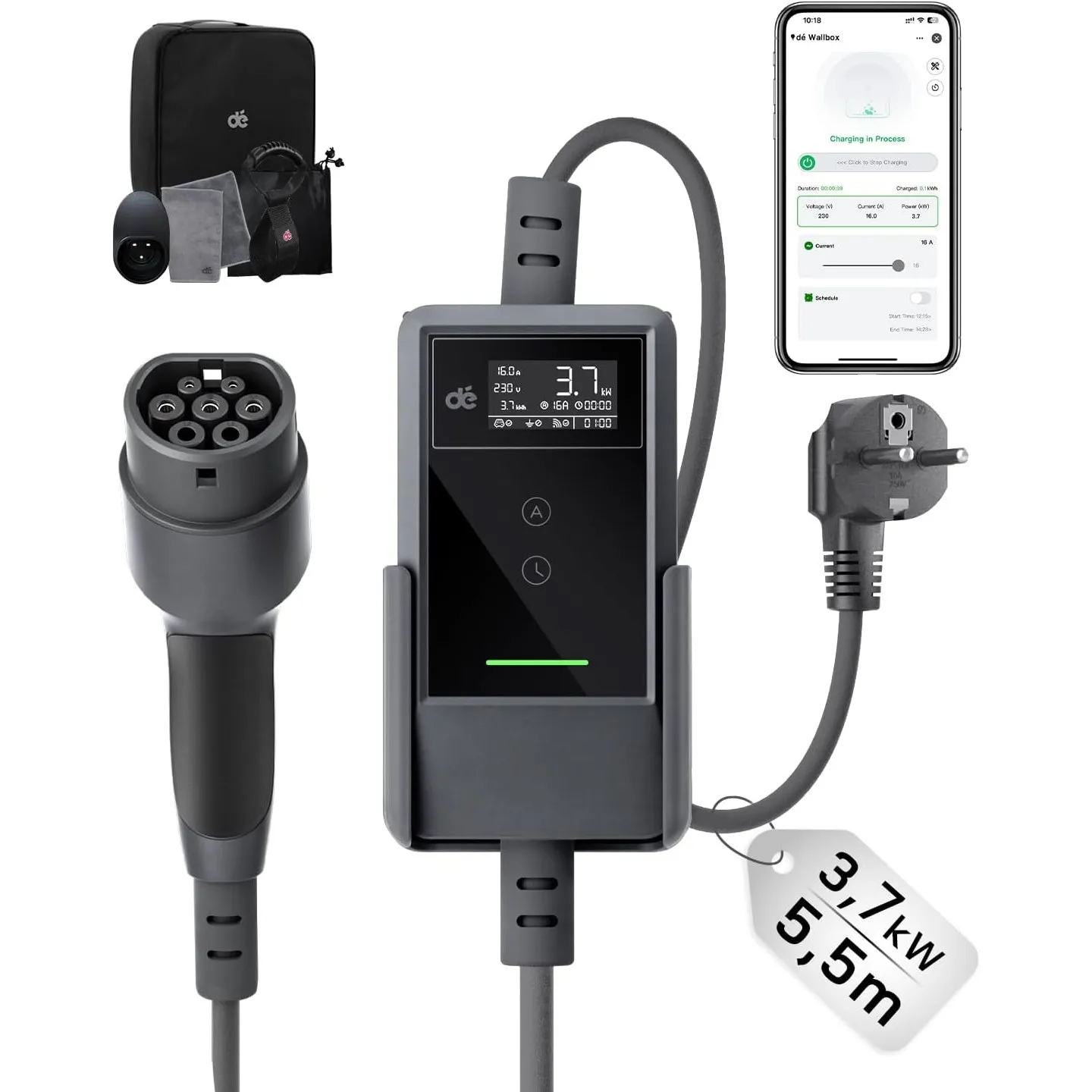 dé Typ 2 Ladekabel Schuko mit APP 3,7kW [5,5m, 6-16A, 1-phasig] Ladekabel Typ 2 Schuko mit Fernsteuerbarer Leistung - E…