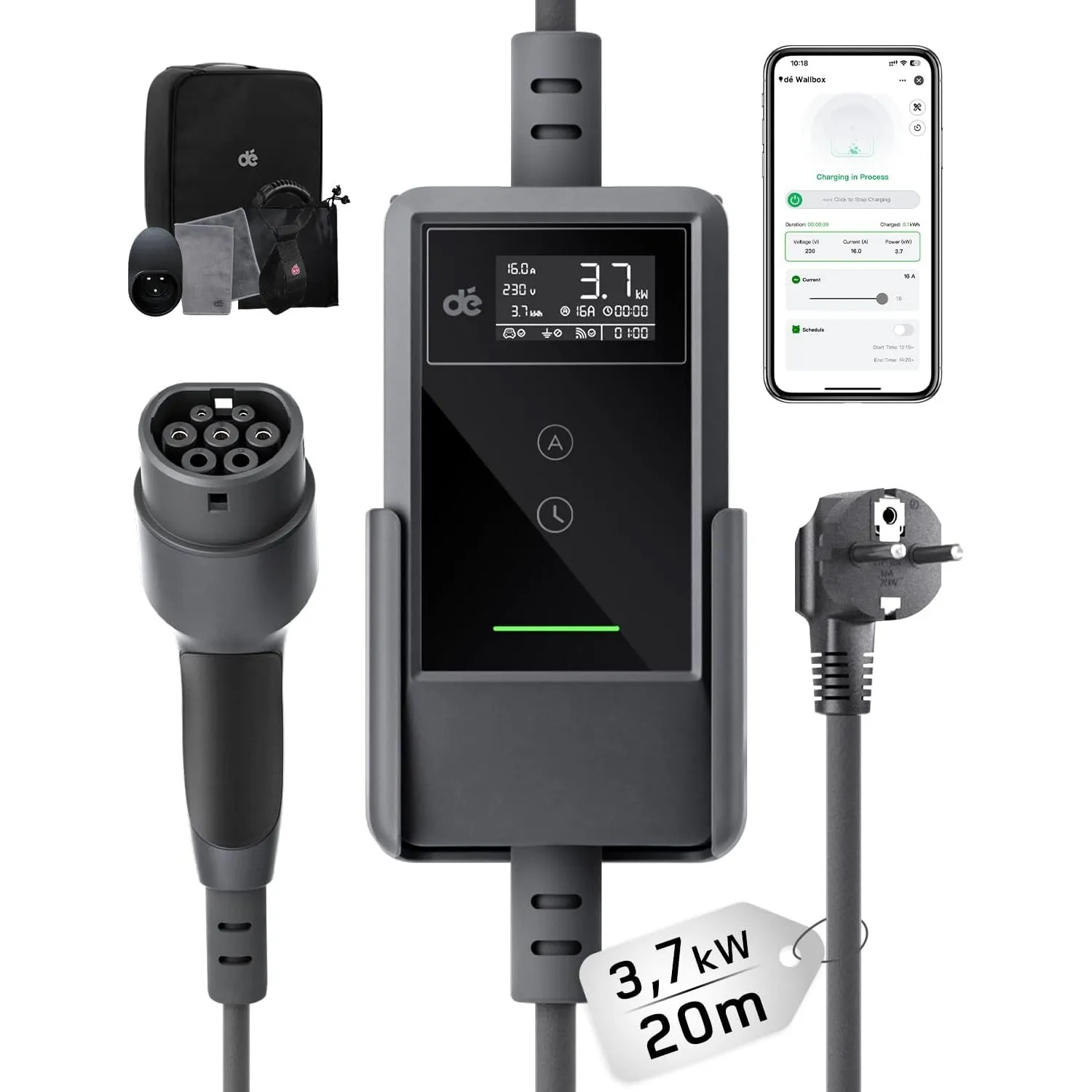 dé Typ 2 Ladekabel Schuko mit APP 3,7kW [20m, 6-16A, 1-phasig] Ladekabel Typ 2 Schuko mit Fernsteuerbarer Leistung - EV…