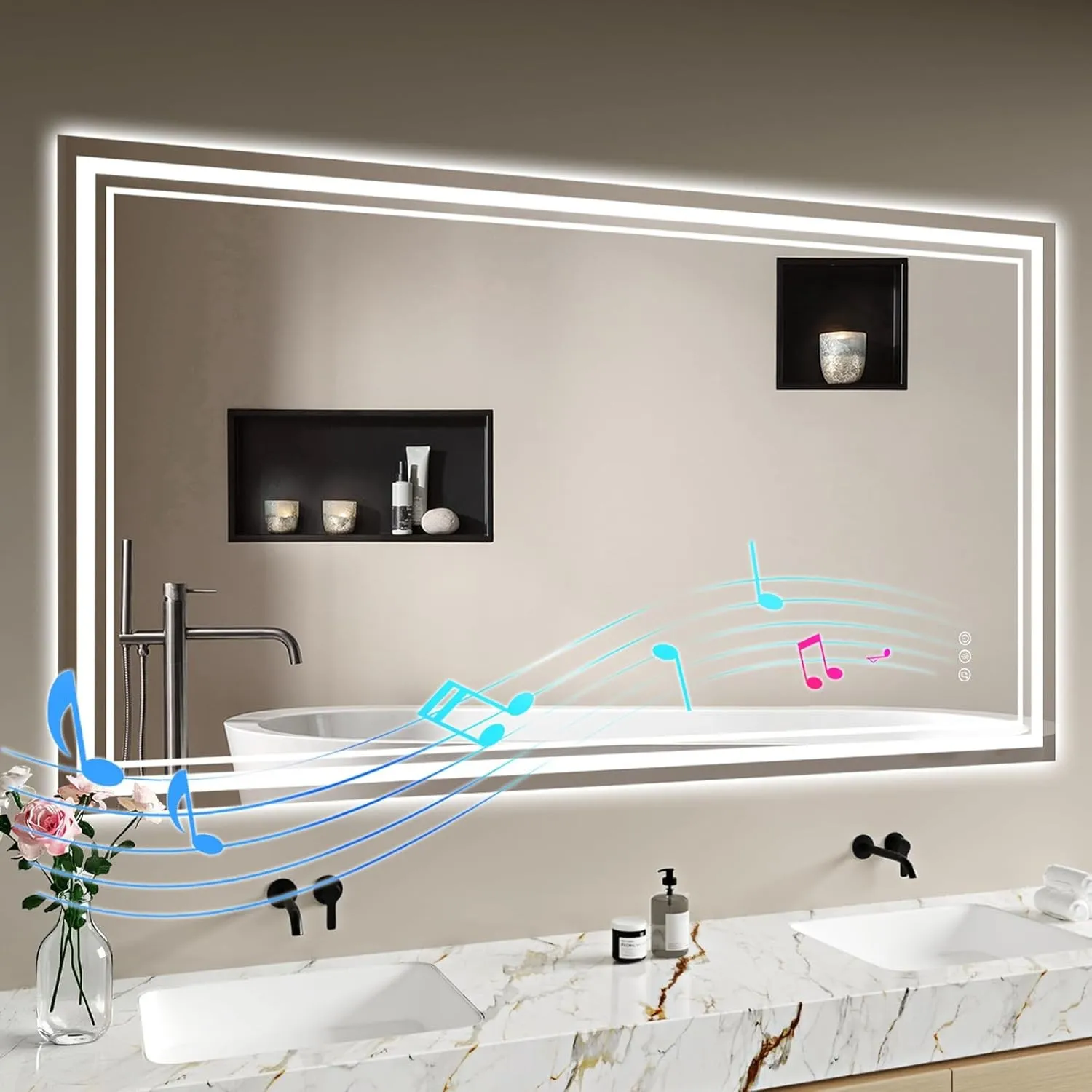 Badspiegel-mit-Beleuchtung 140x70 - LED Badezimmerspiegel mit Bluetooth - Badezimmer Spiegel mit Beleuchtung, Beschlagf…