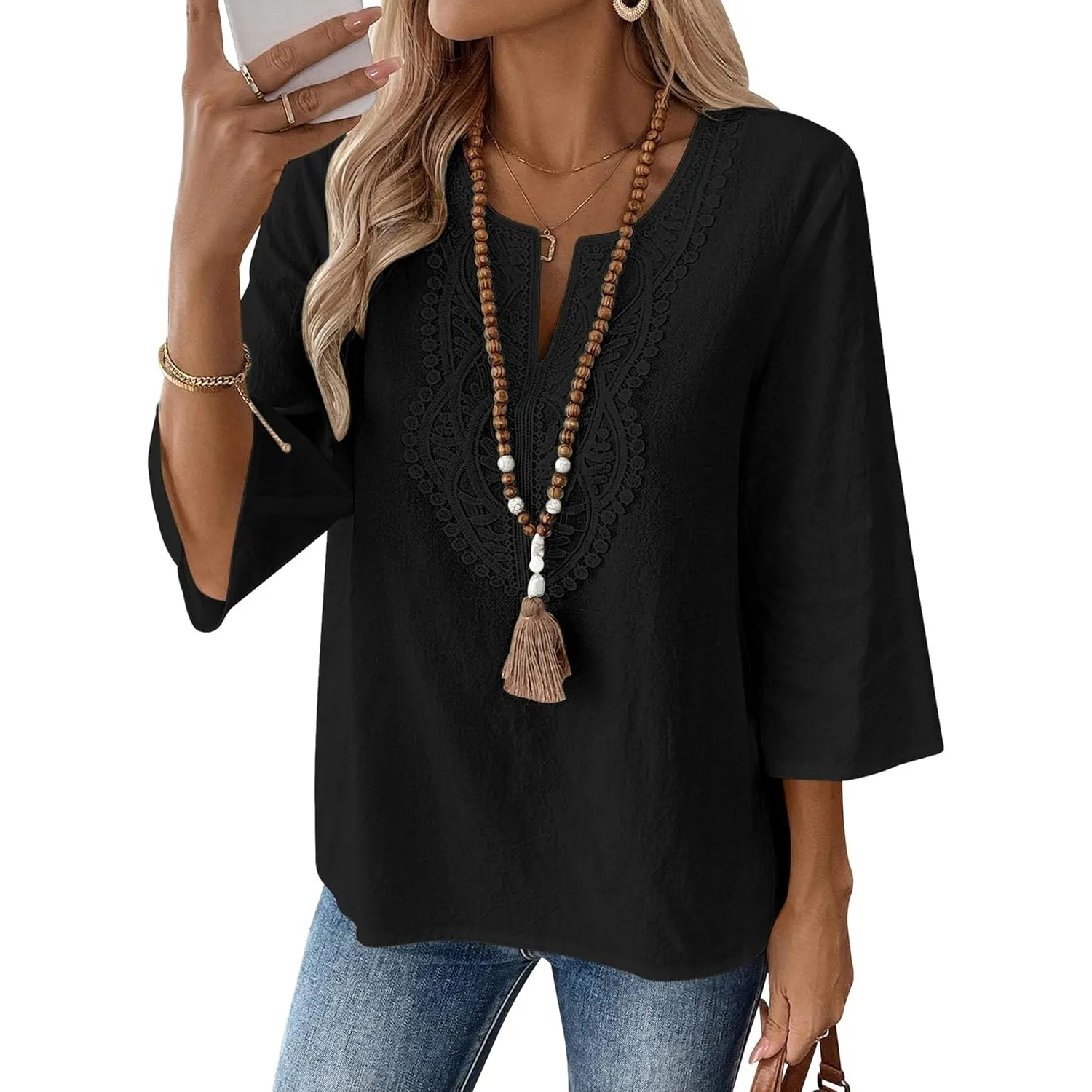 Rapbin Bluse Damen 3/4 Arm Elegant Oberteile V Ausschnitt Baumwolle Spitze Tops Shirt Casual Loose Fit Tunika