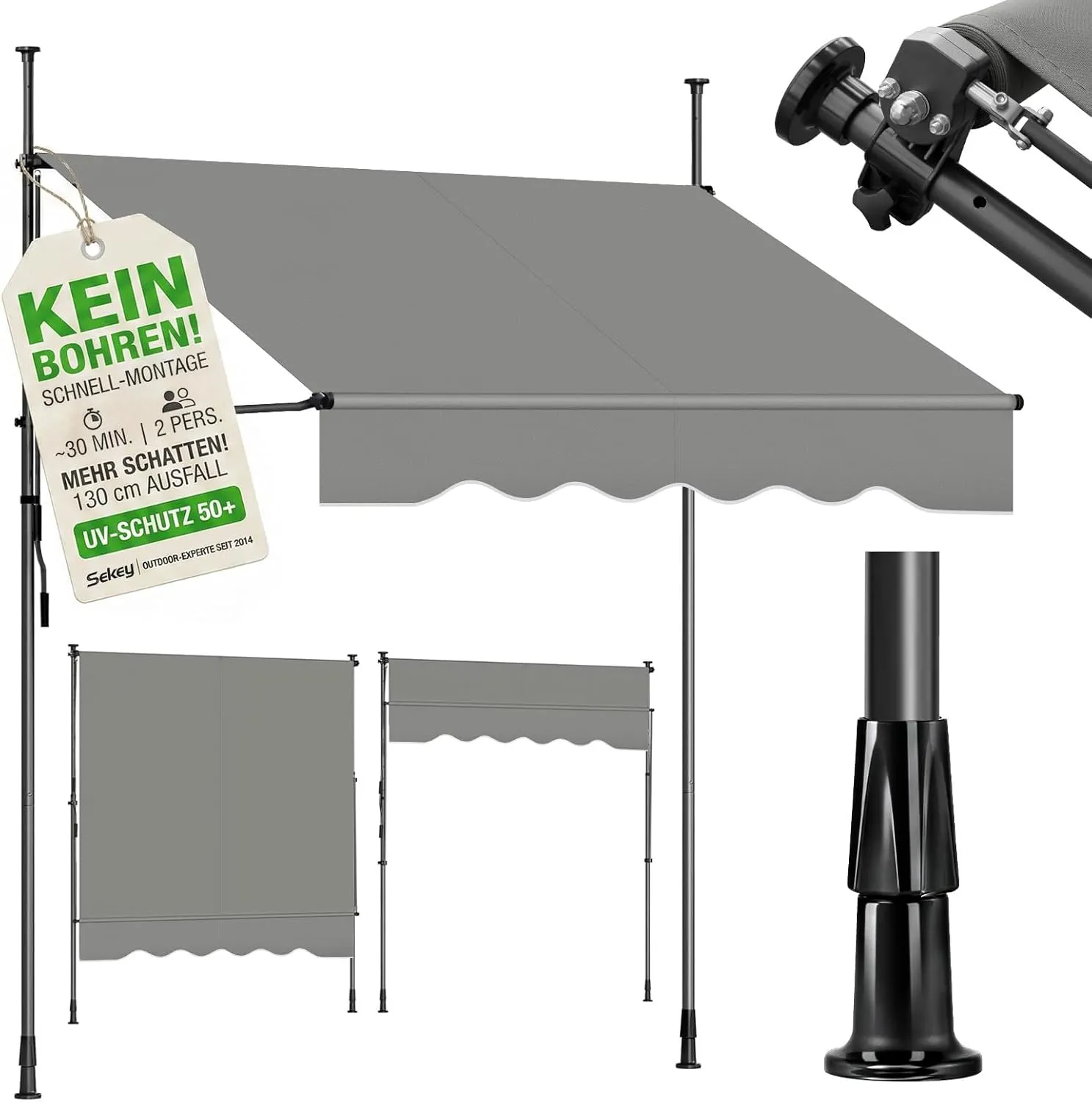 Sekey Clamp Awning 300 cm Wide, Balcony Awning No Drilling with Hand Crank, 130 cm Drop, 0-90° Tilt, UV-Resistant Sun P…