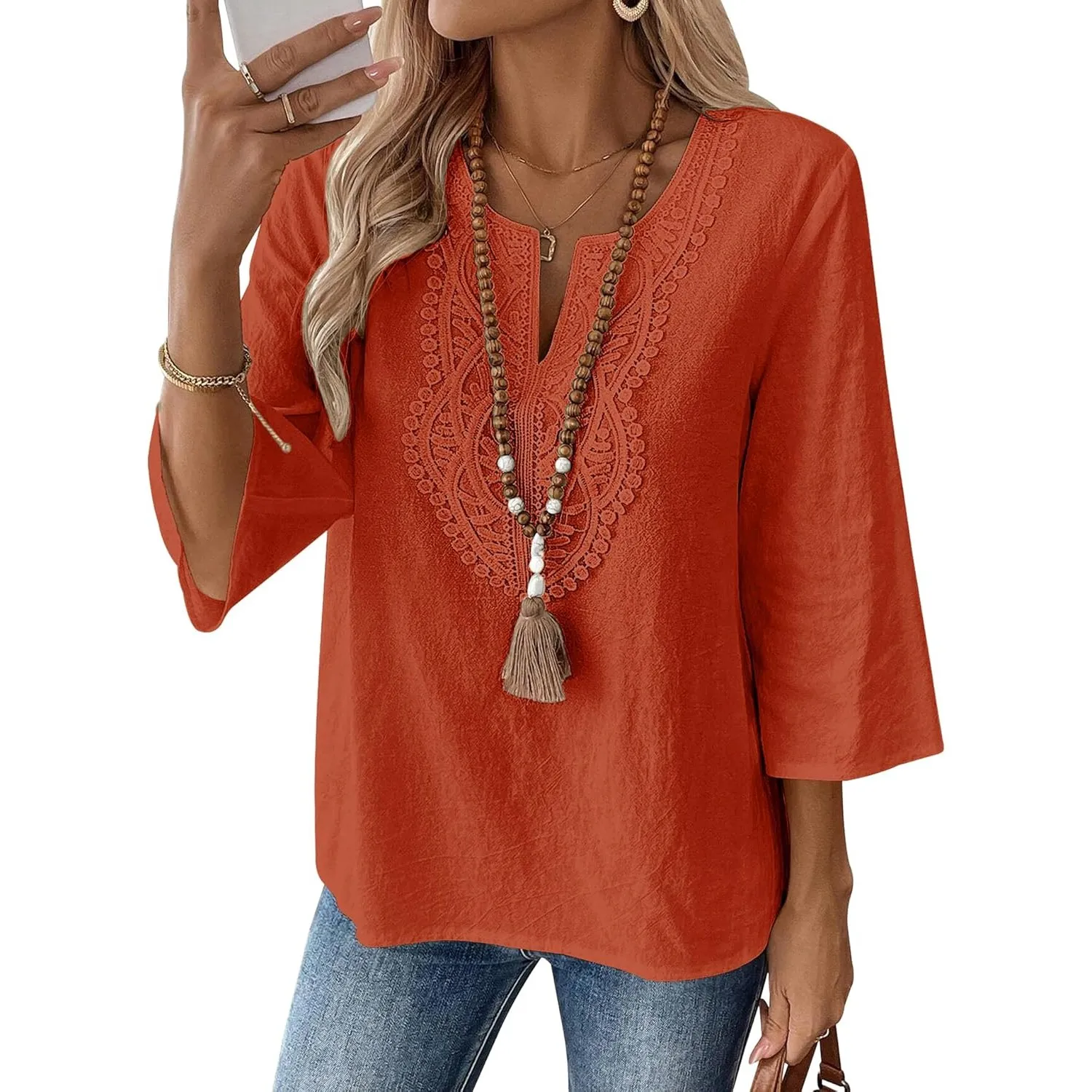 Rapbin Bluse Damen 3/4 Arm Elegant Oberteile V Ausschnitt Baumwolle Spitze Tops Shirt Casual Loose Fit Tunika