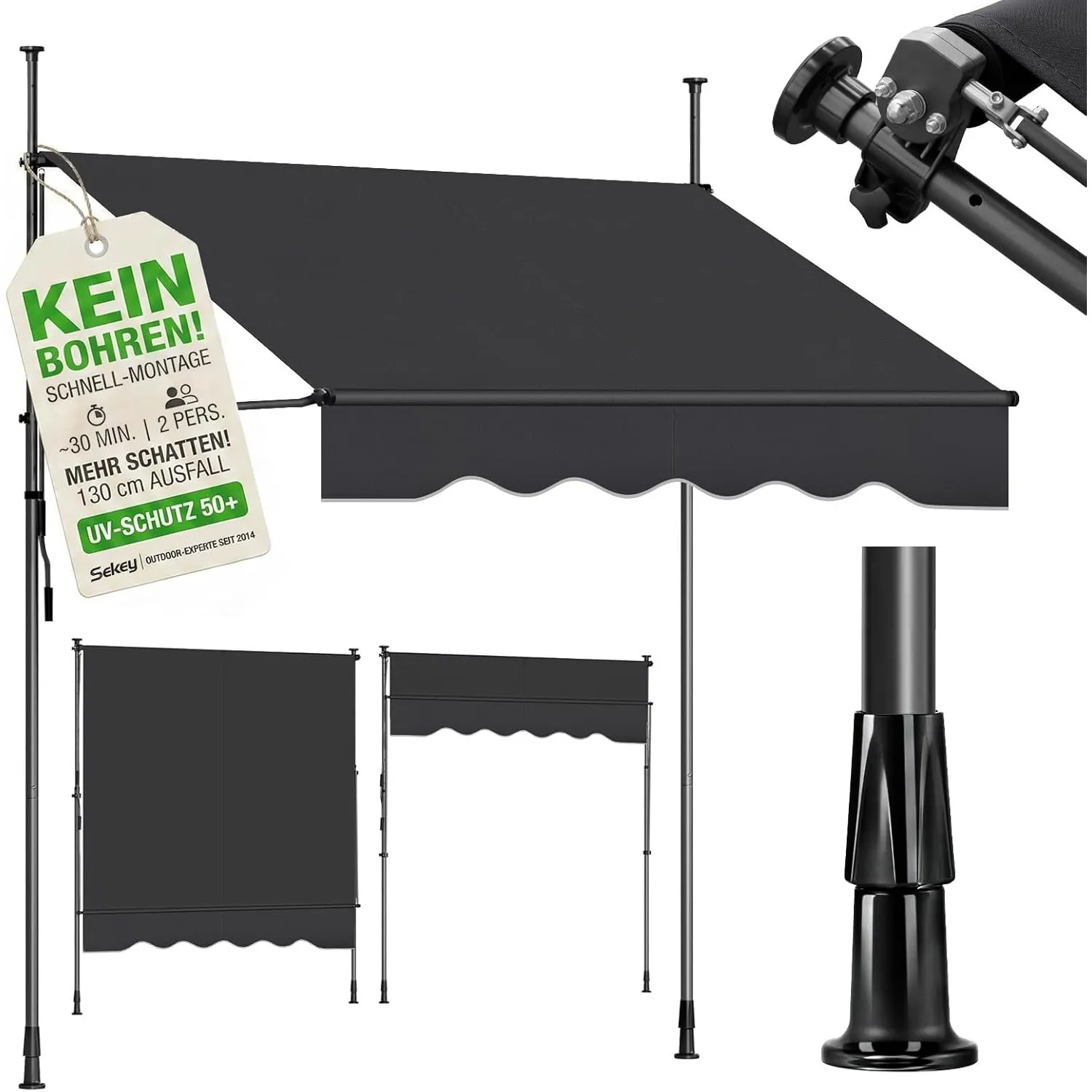 Sekey Klemmmarkise 300 cm breit, Markise Balkon ohne Bohren mit Handkurbel, 130 cm Ausfall, 0-90° neigbar, UV-beständig…