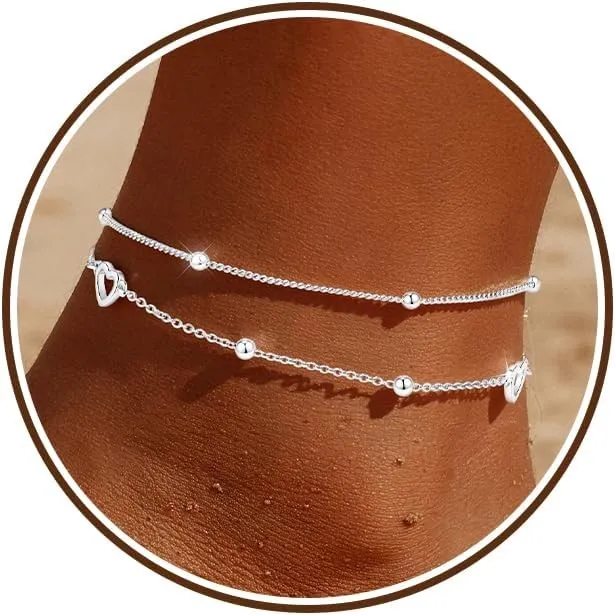Fußkettchen für Damen Silber 925 Gold Verstellbares Wasserfest Herz Doppelte Stapelbar Fussketten Sommer Strand Fußkett…