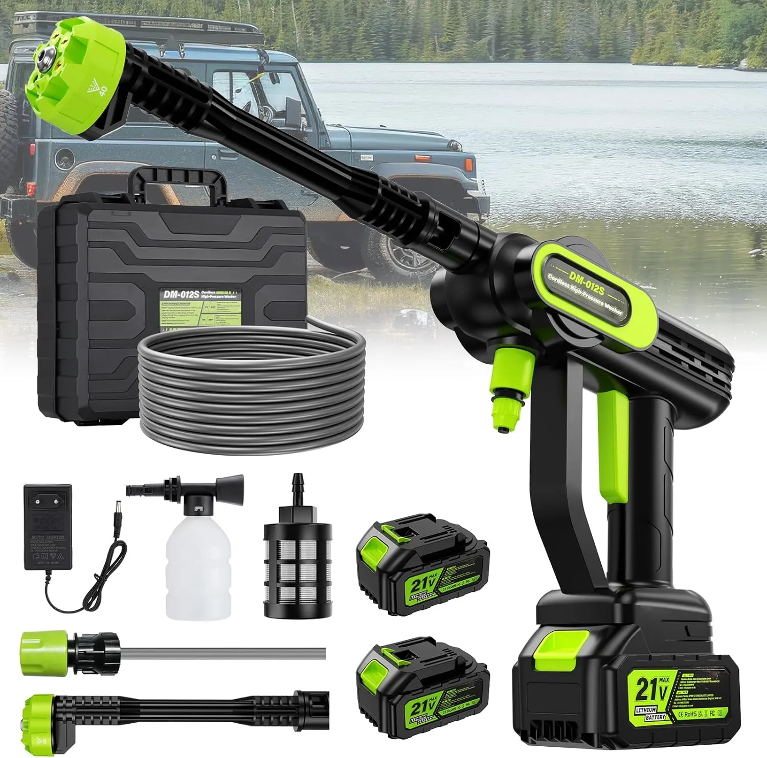Akku Hochdruckreiniger 100 Bar, Druckreiniger Akku 14-mm Wasserauslass 10L/min, 2 x 4000mAh Akku, 6-in-1 Düse, 5-Meter-…