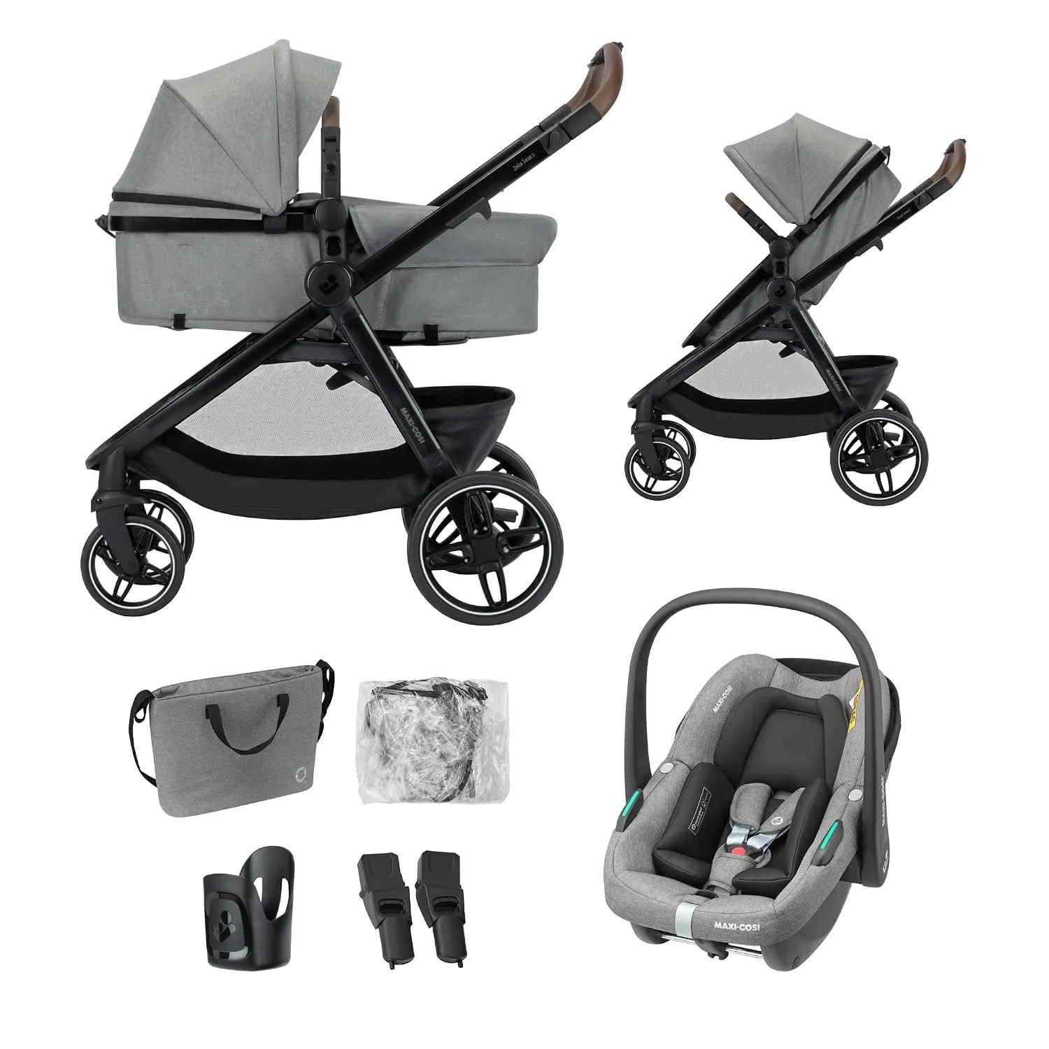 Maxi-Cosi Zelia Select, Kinderwagen 3 in 1 mit Kindersitz, 0–22 kg, Grau