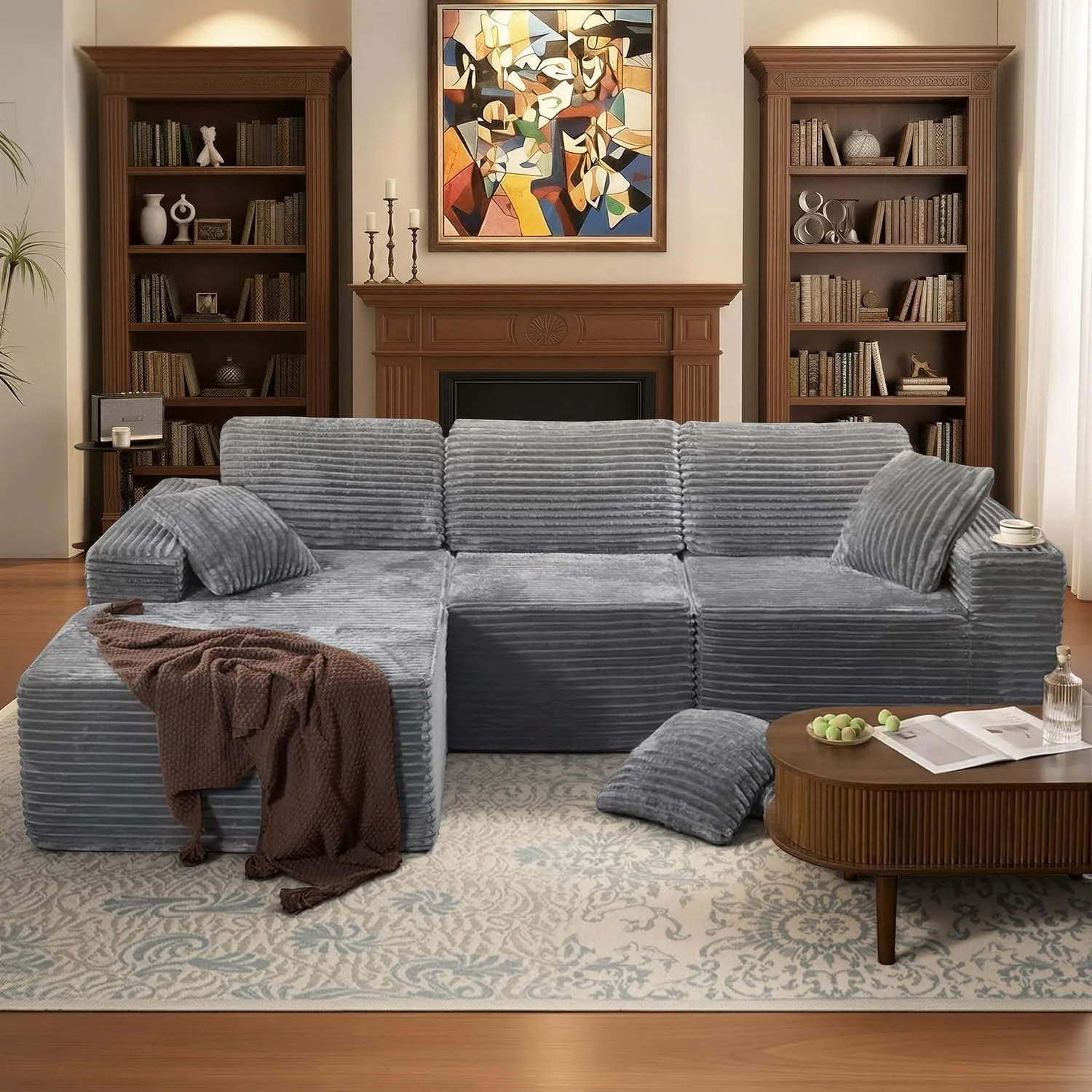 Modulares L Form Ecksofa mit Schlaffunktion 282cm Grau | Boneless Couch,Ecksofa mit Schlaffunktion,Cordstoff,3 Rückenle…